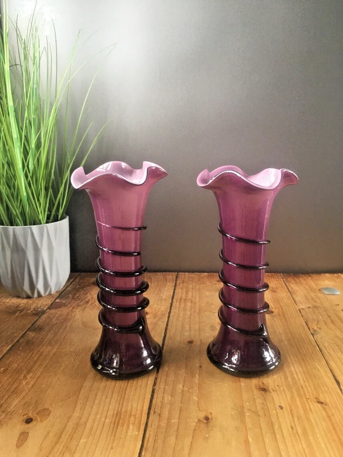 Pair Of Purple Tango Glass Trailed Bud Vases Czechoslovakia Loetz Kralik Welz photo furniture
