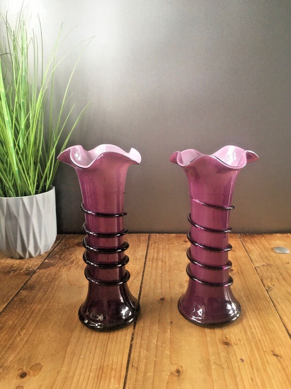 Pair Of Purple Tango Glass Trailed Bud Vases Czechoslovakia Loetz Kralik Welz photo for sale