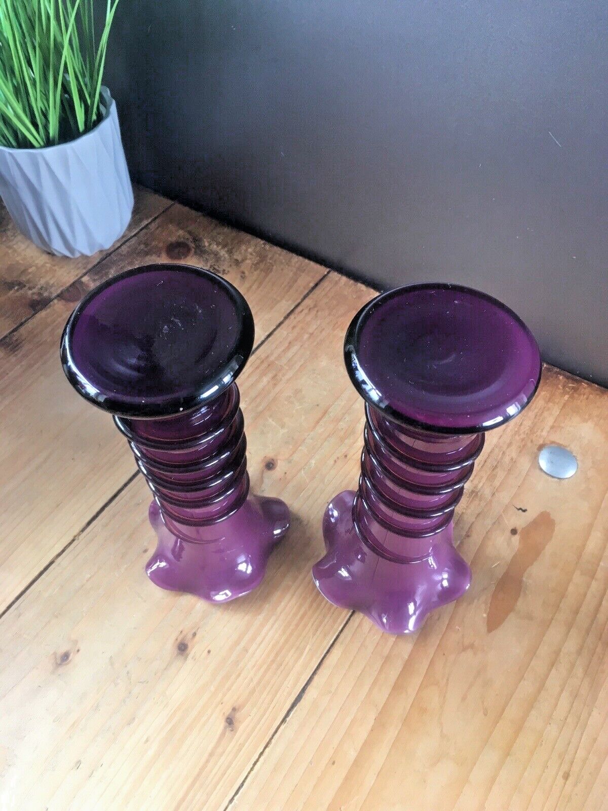 photo furniture Pair Of Purple Tango Glass Trailed Bud Vases Czechoslovakia Loetz Kralik Welz