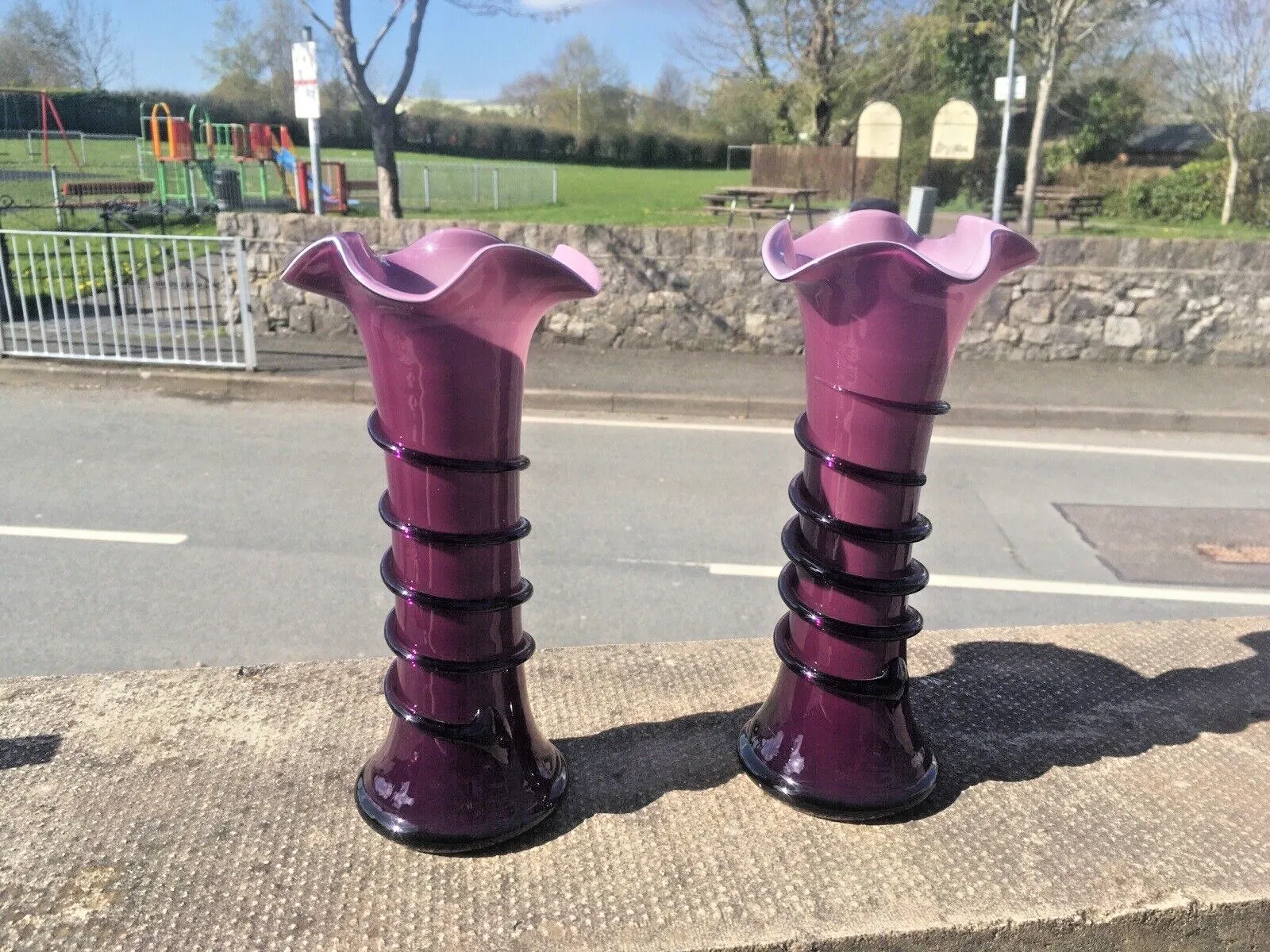 150.0 Pair Of Purple Tango Glass Trailed Bud Vases Czechoslovakia Loetz Kralik Welz photo