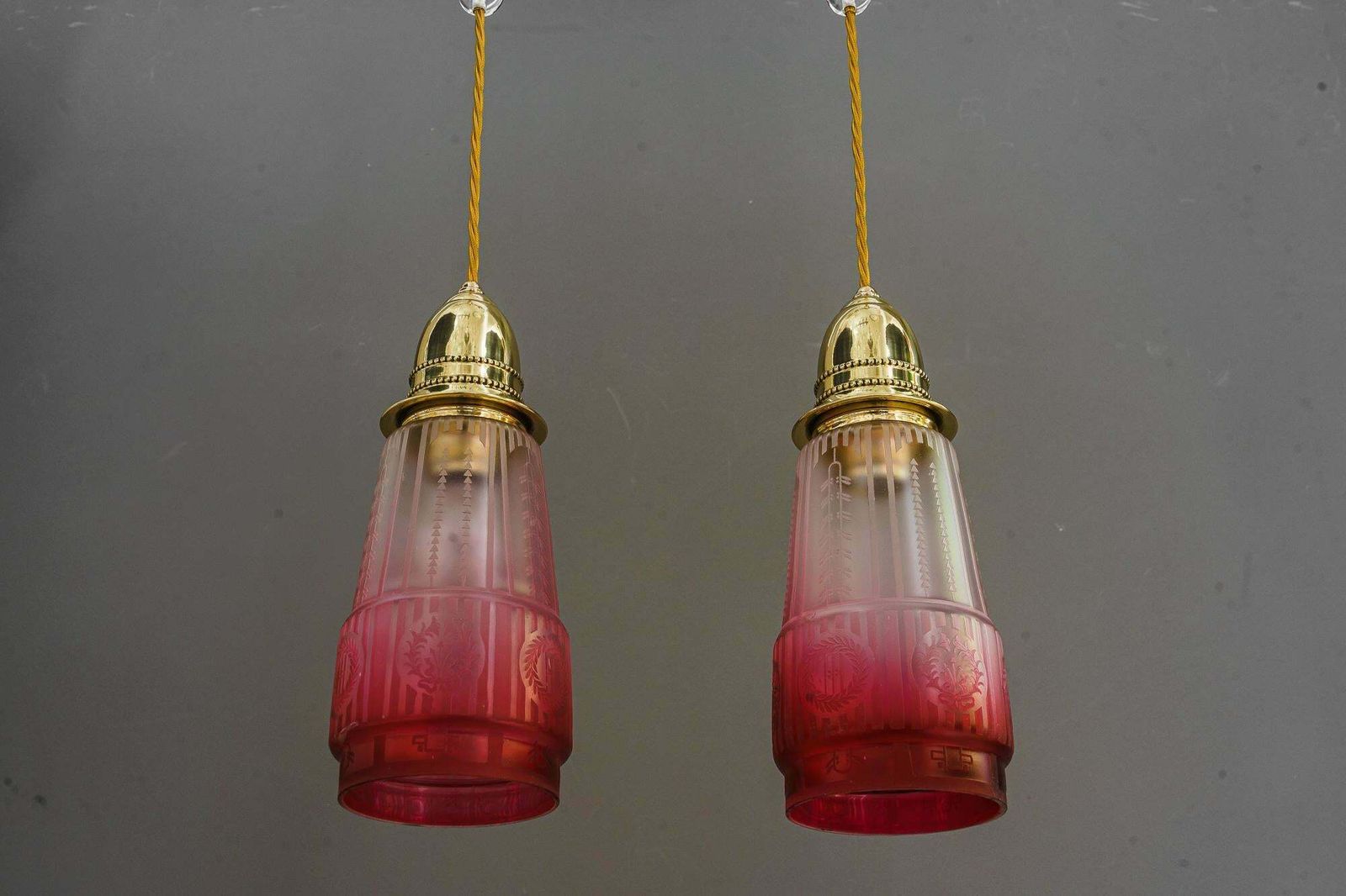 Lighting 2x Art Deco Hanging Lamp With Original Old Glass Shades Vienna Around 1920s photo