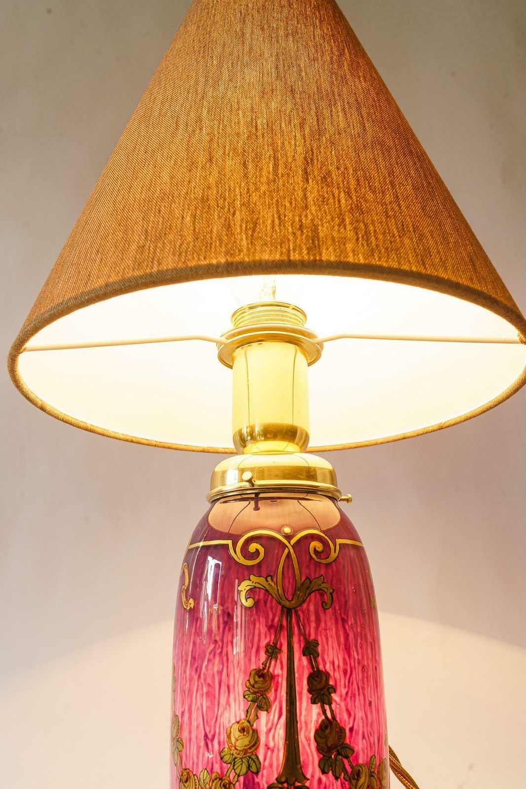 Lighting Rare Art Deco Glass Table Lamp With Fabric Shade Vienna Around 1920s photo