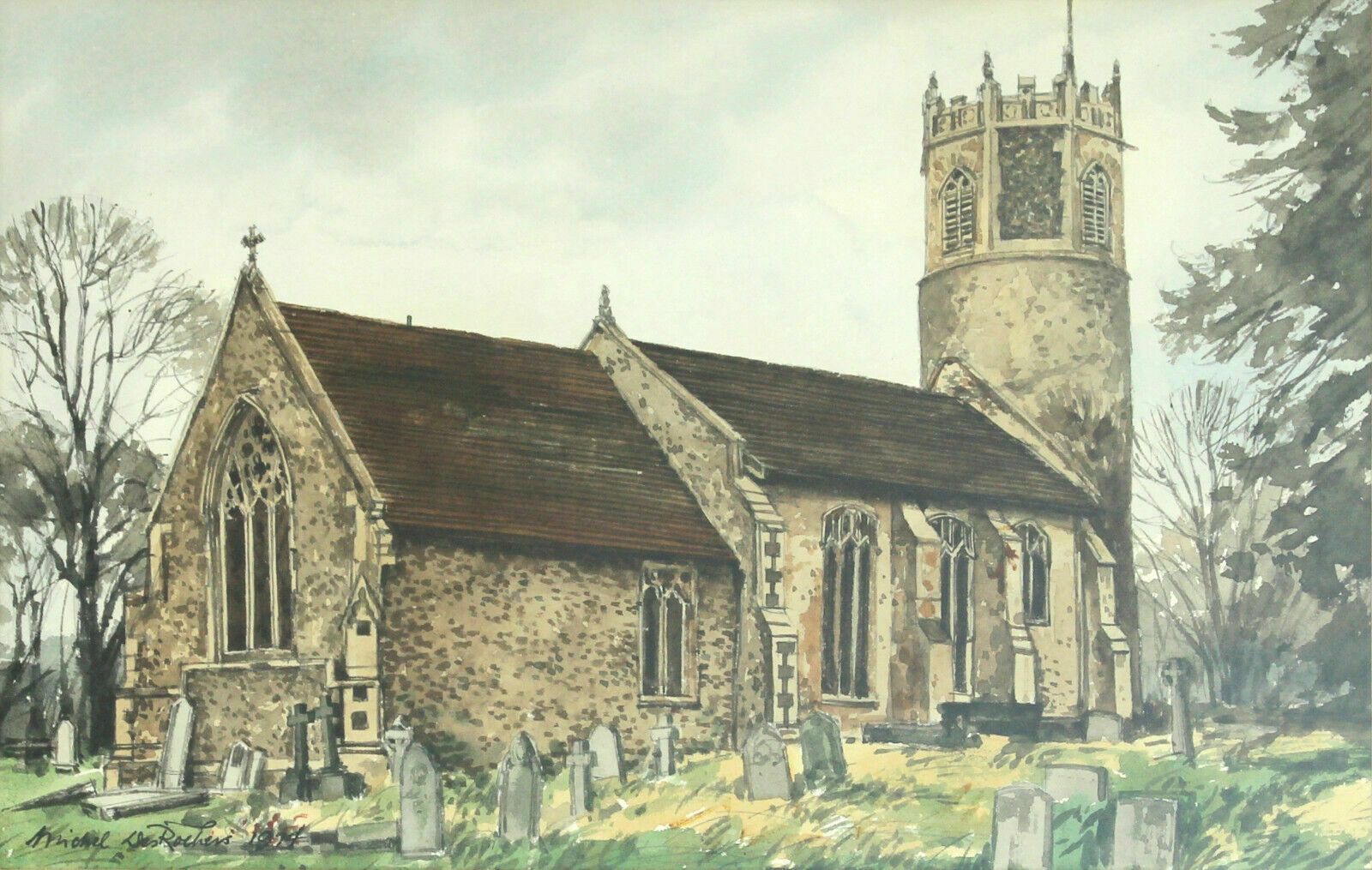 Watercolour By Michel Desrochers. Titled "St Mary's Church, Rickinghall" photo furniture