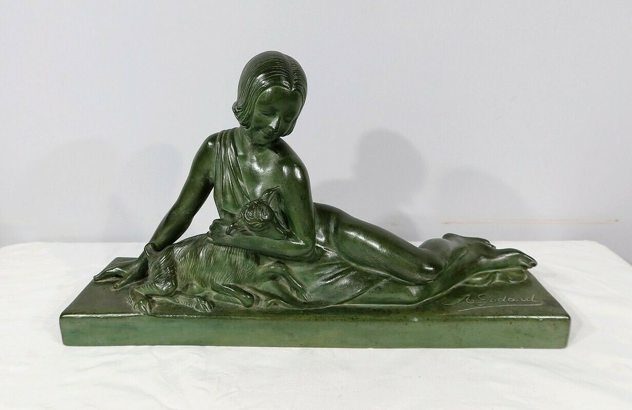 Sculpture “La Demoiselle Et Le Chevreau”, By A. Godard, Art Deco – Early 20th Century