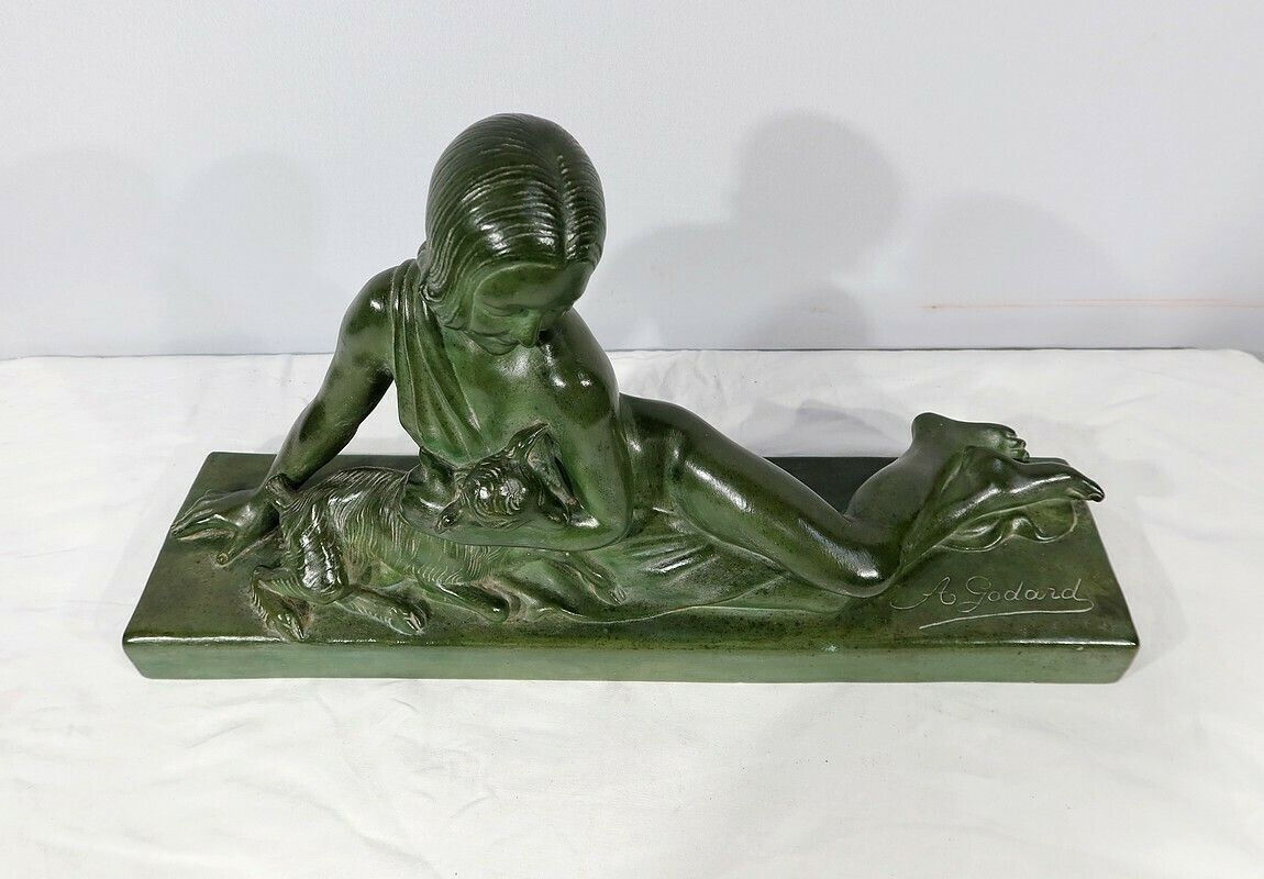 Sculpture “La Demoiselle Et Le Chevreau”, By A. Godard, Art Deco – Early 20th Century photo Home Decor