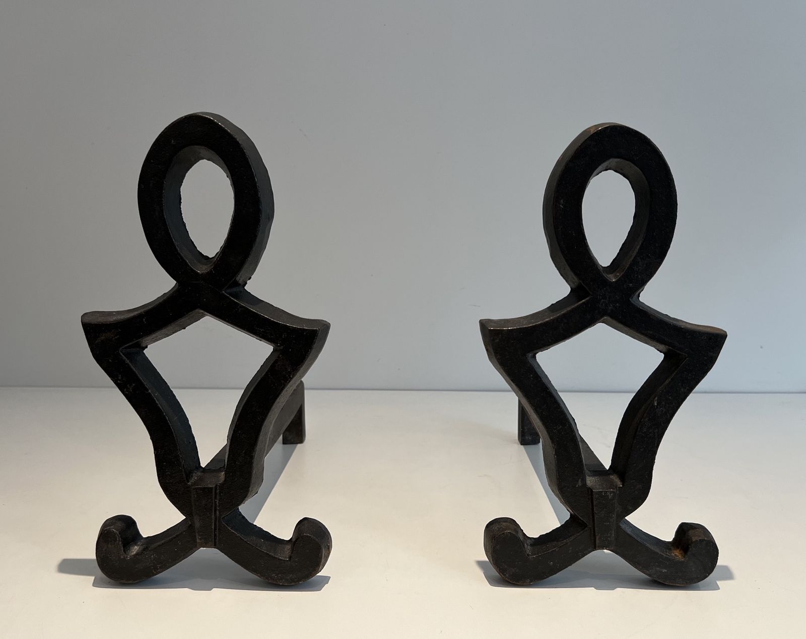 Home Fixtures Pair Of Modernized Cast Iron And Wrought Iron Andirons By Raymond Subes photo