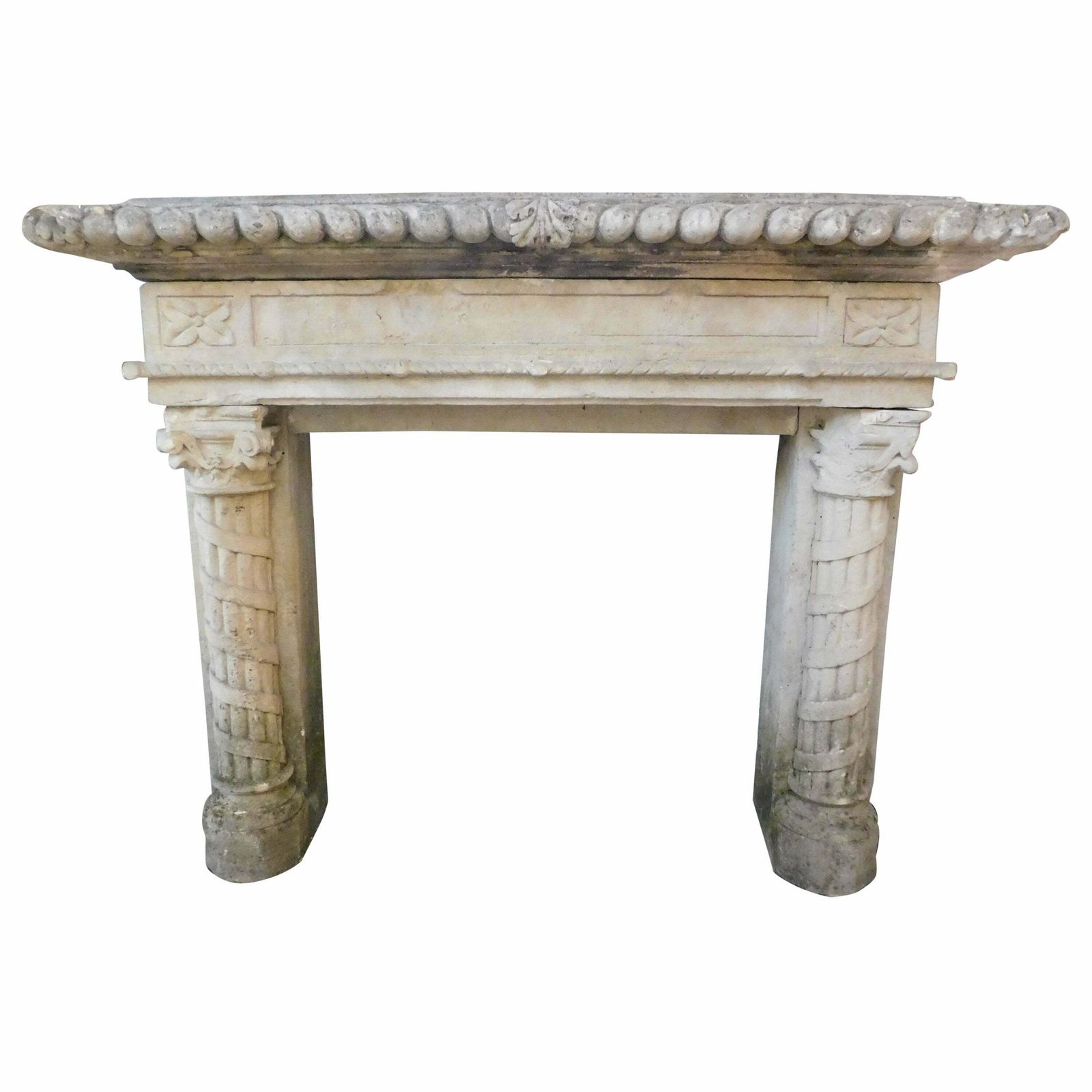 Important Antique Fireplace Mantle In Stone, Hand Carved Columns, '800 Italy