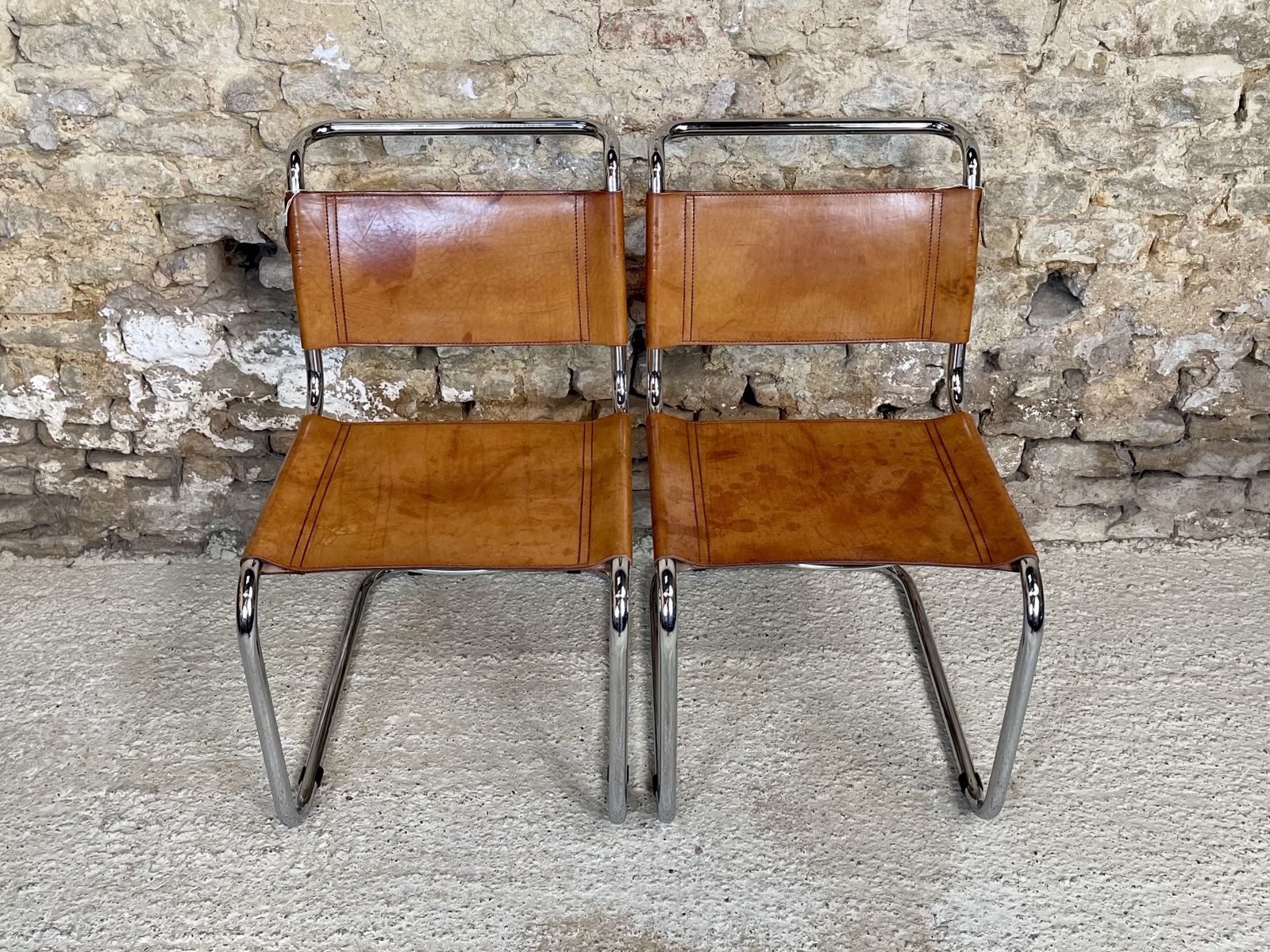 Pair Dining Or Desk Chairs  Mart Stam Marcel Breuer S33 Set Of Two 2 Fasem Chrome Tan Cognac Brown Leather Cantilever Bauhaus photo furniture