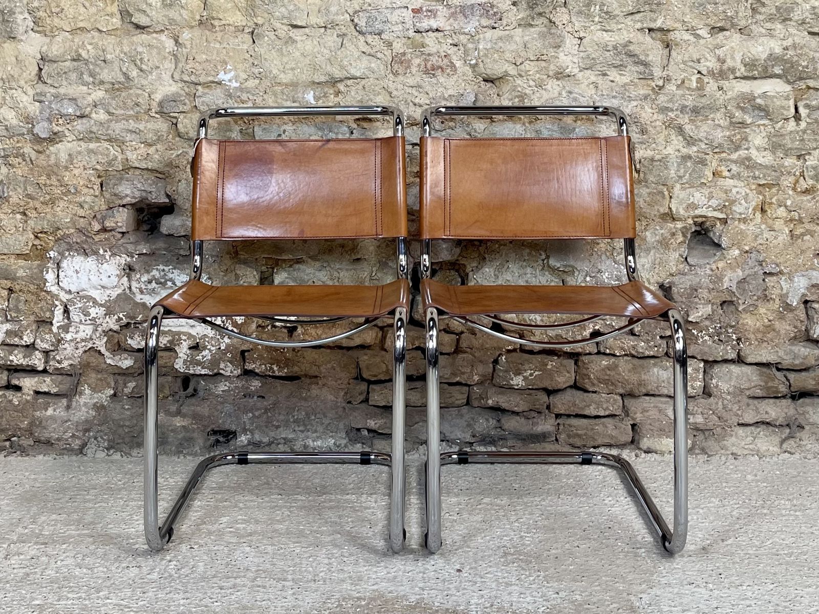 Pair Dining Or Desk Chairs  Mart Stam Marcel Breuer S33 Set Of Two 2 Fasem Chrome Tan Cognac Brown Leather Cantilever Bauhaus photo vinterior
