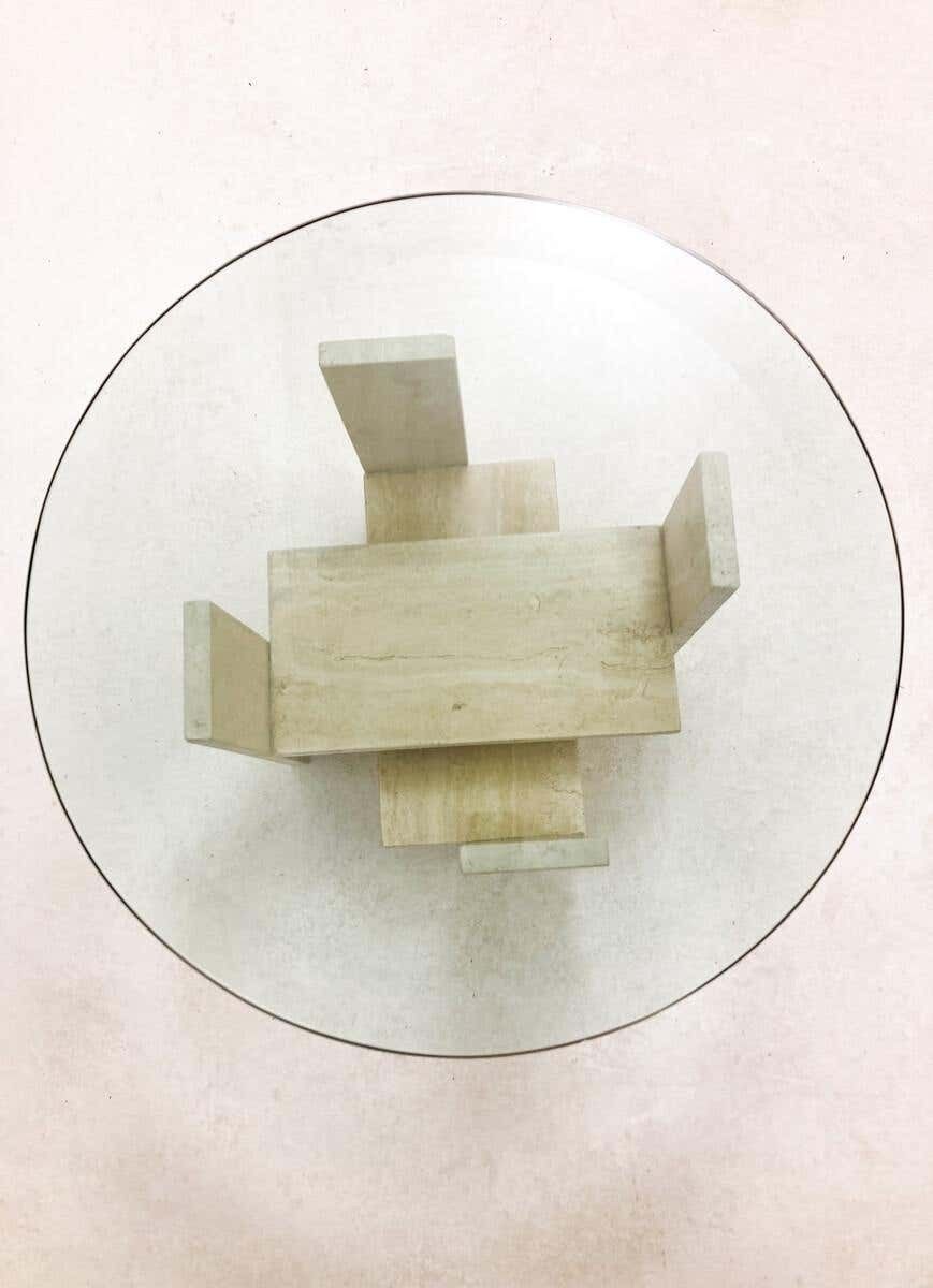 Mid Century Modern Glass And Travertine Coffee Table By Willy Ballez, 1970s photo Furniture