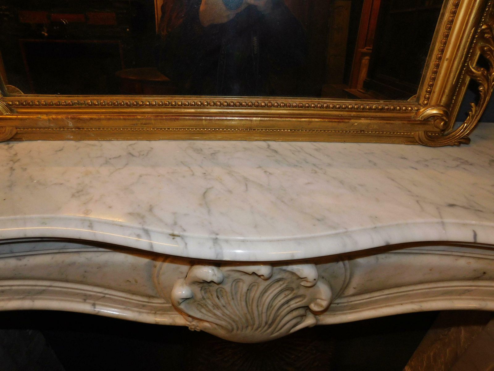 Antique Fireplace In White Carrara Marble, Carved Central Shell, ''700 France photo vintage