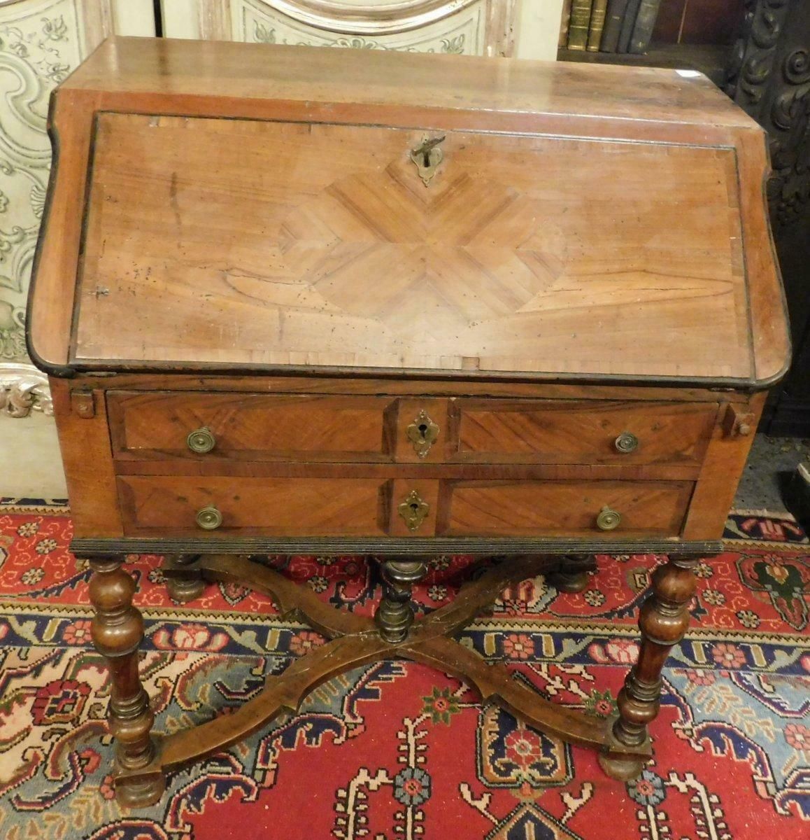 Antique Flap Writing Desk In Walnut, Carved Cross Legs, Early 18th Century Italy photo for sale