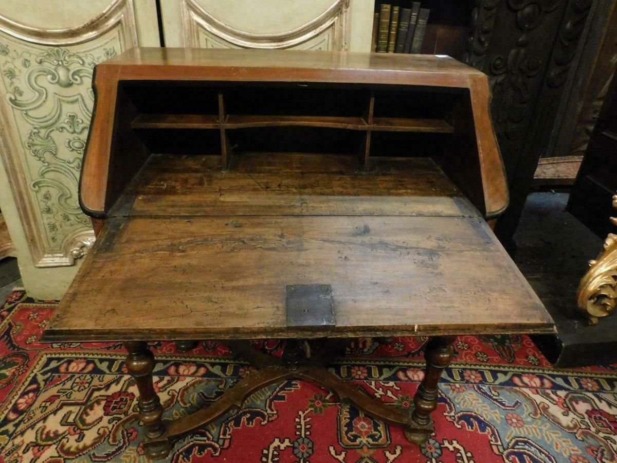 Antique Flap Writing Desk In Walnut, Carved Cross Legs, Early 18th Century Italy photo Furniture