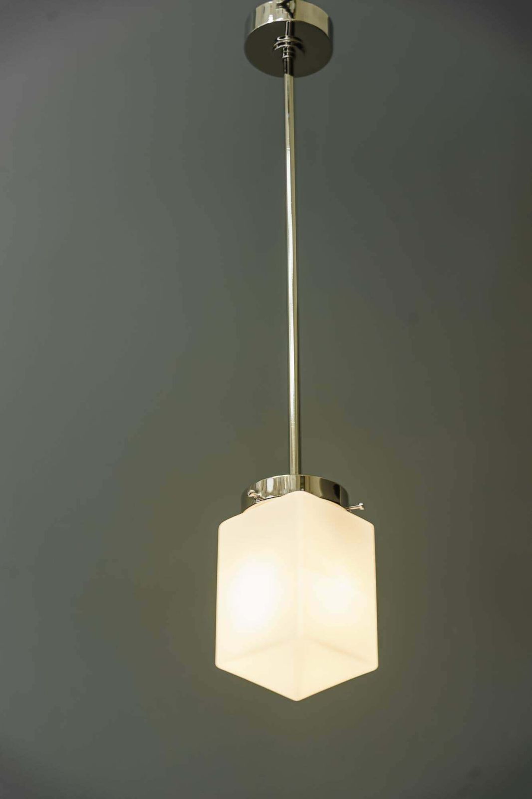 Lighting Art Deco Nickel   Plated Pendant With Opal Glass Shade Vienna Around 1920s photo