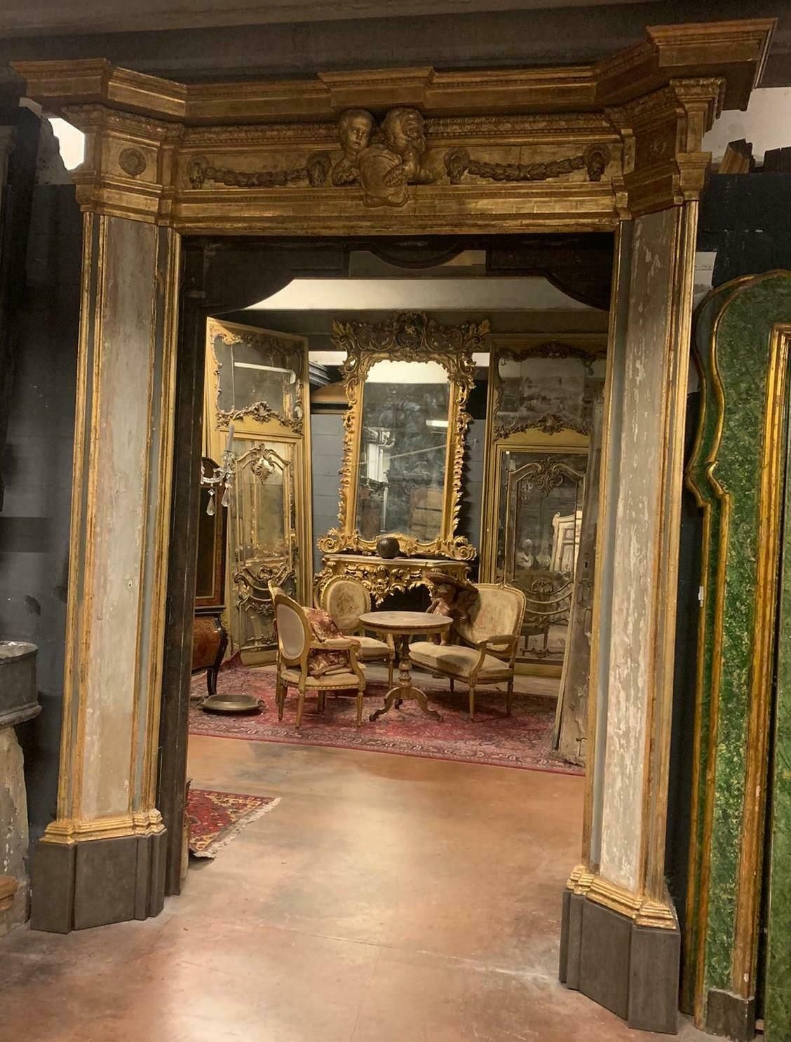Antique Portal Lacquered And Gilded Wood, Carved Cherubs & Festoons, '600 Italy photo for sale
