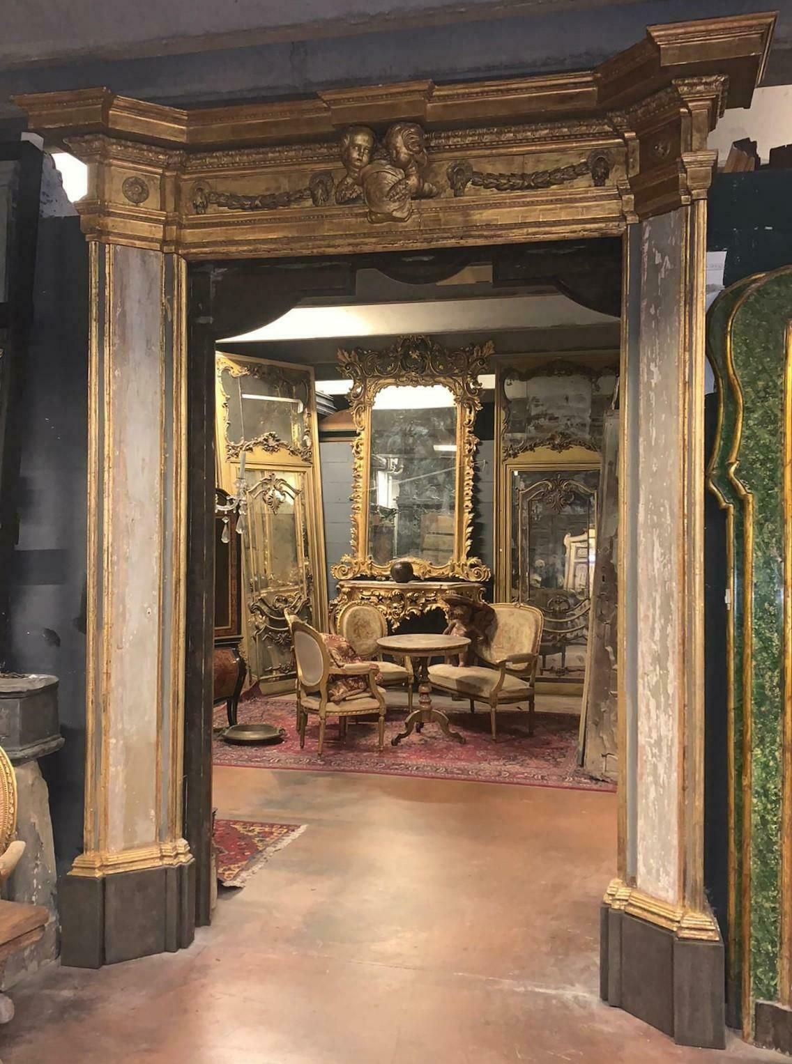Antique Portal Lacquered And Gilded Wood, Carved Cherubs & Festoons, '600 Italy photo vintage