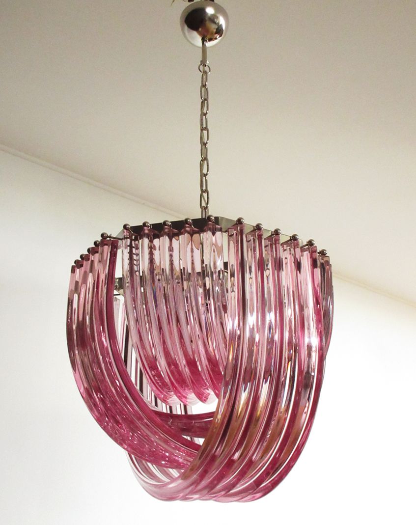 Large Curvati Chandelier, Pink Triedri, 20 Murano Glasses photo for sale