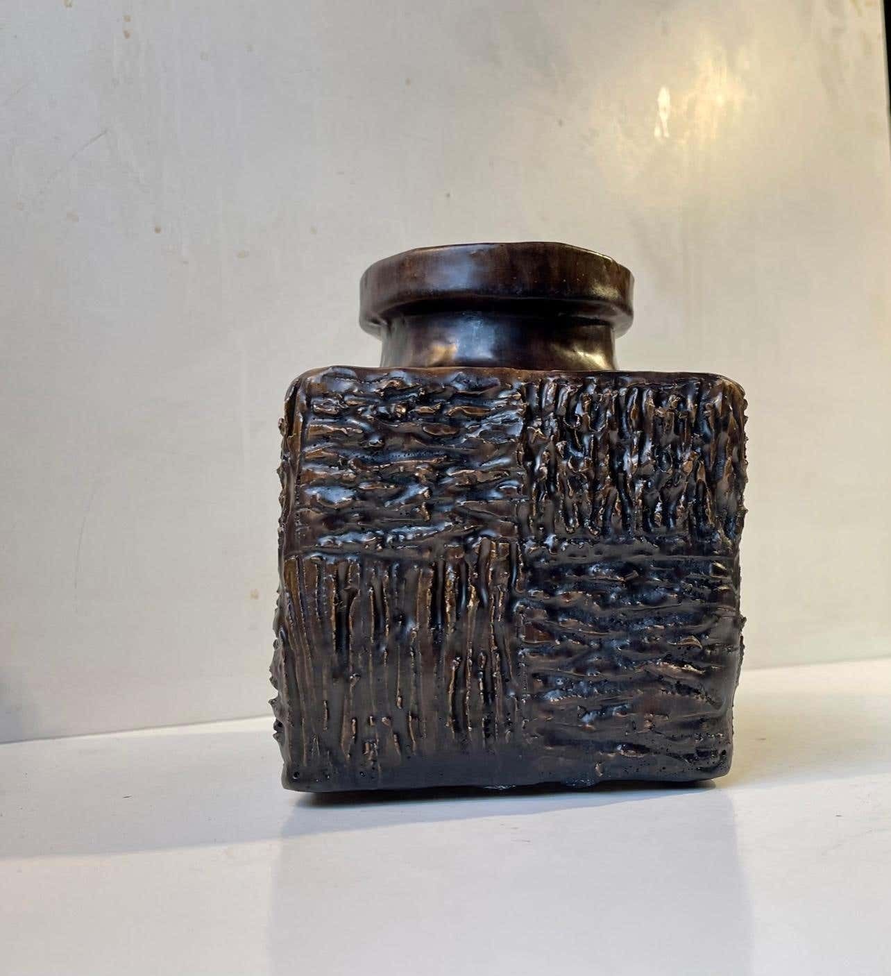 Brutalist Scandinavian Stoneware Vase With Brown Fat Lava Glaze, 1970s photo 240.0