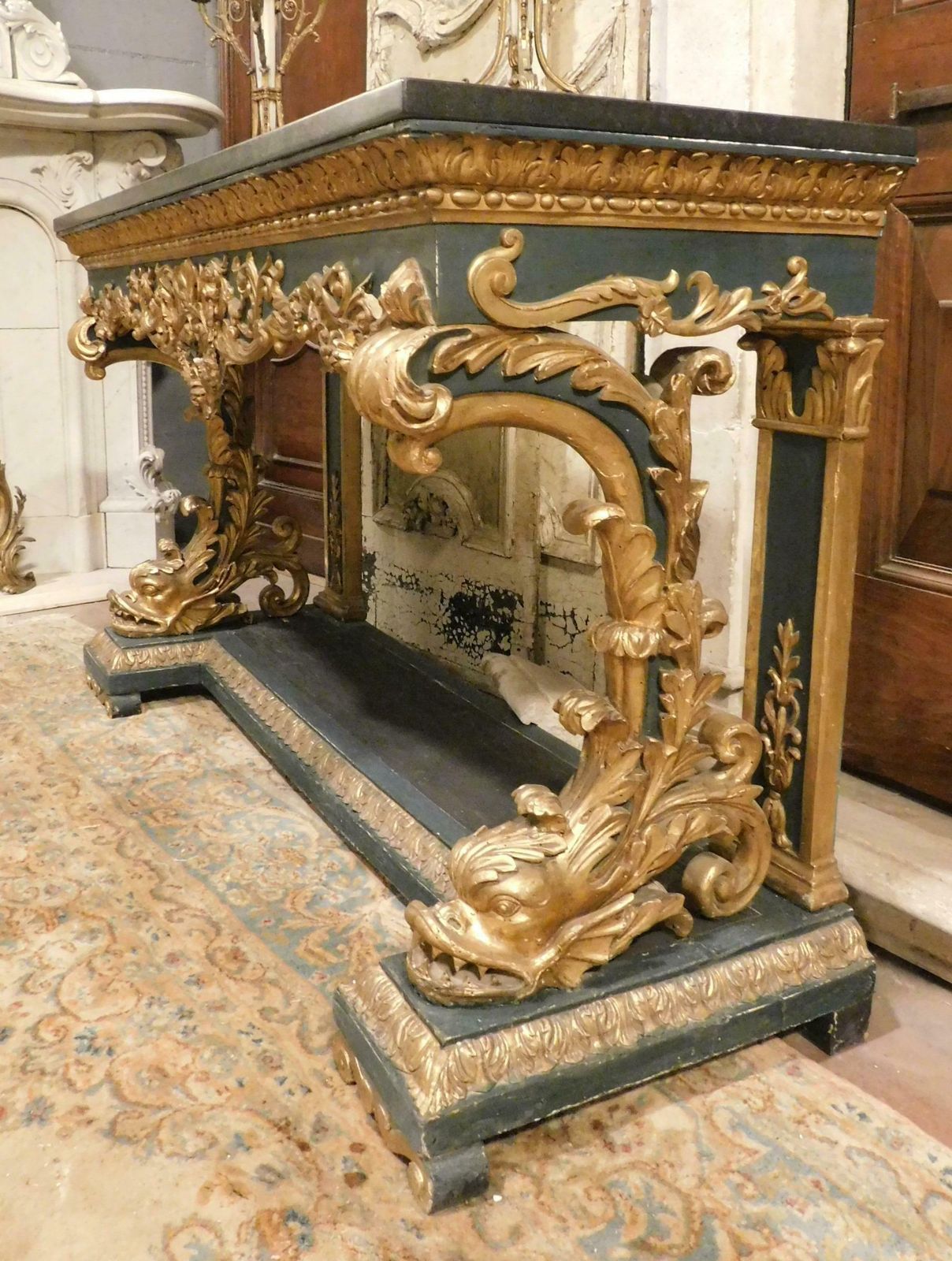 Gilded And Lacquered Console In Richly Carved Wood, Black Marble Top, Italy photo buy