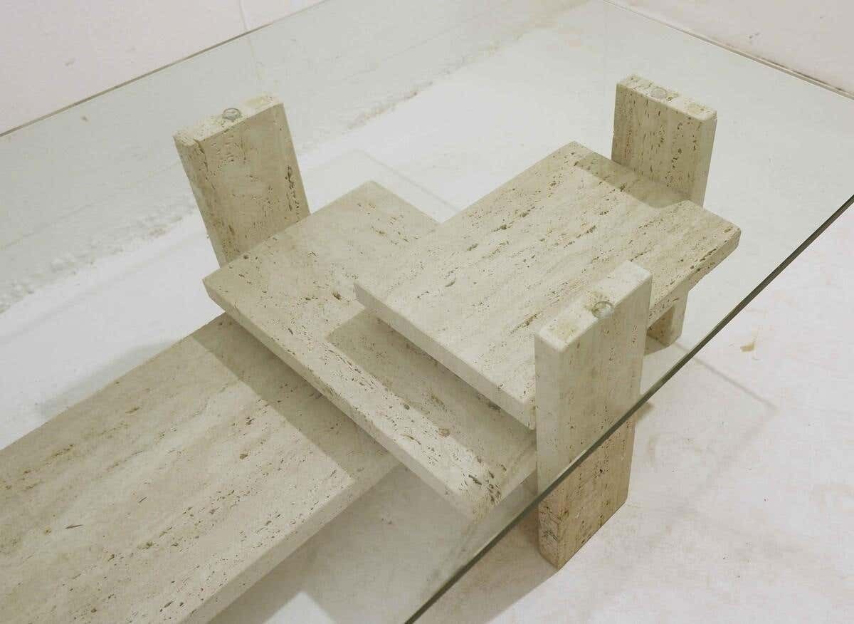 Mid Century Modern Glass And Travertine Coffee Table, Willy Ballez, 1970s photo buy