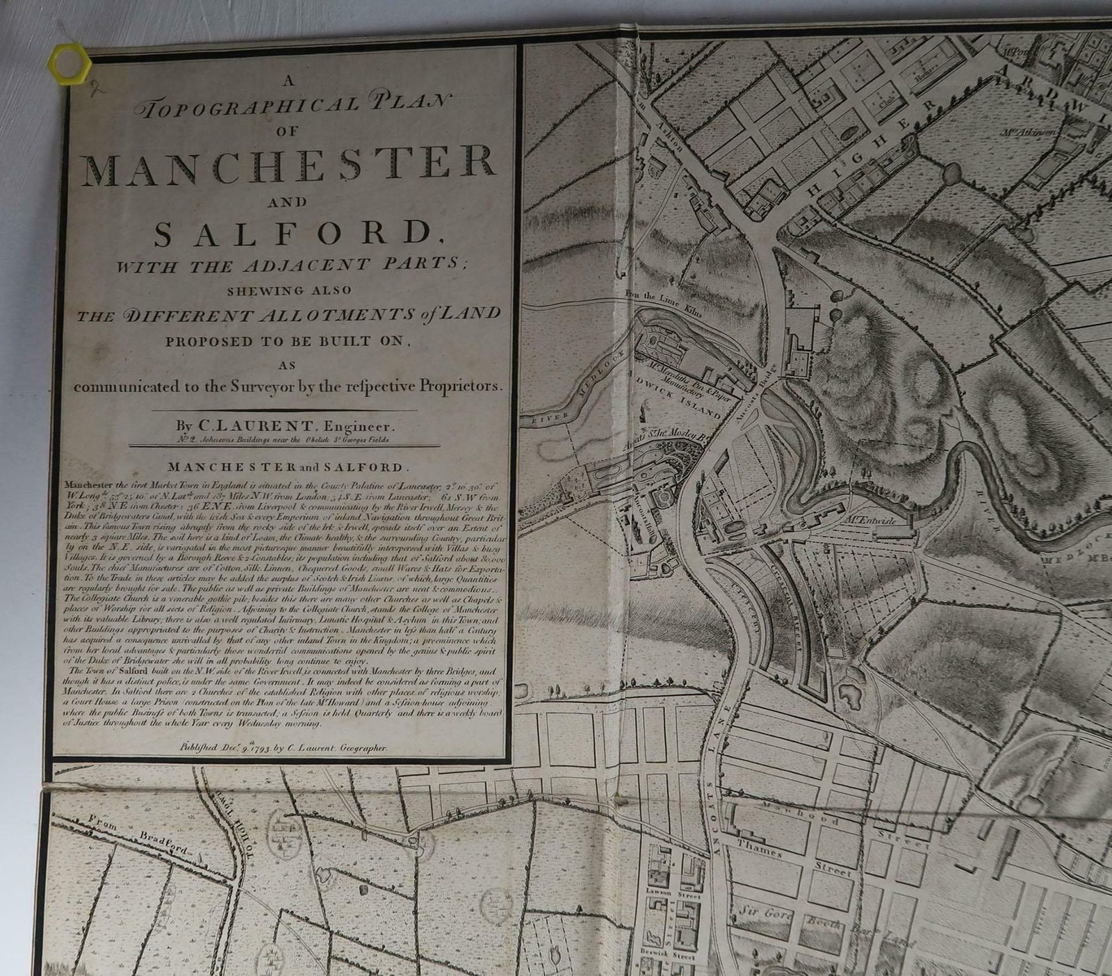 Large Original Antique Folding Map Of Manchester, England, Dated 1793 photo Art