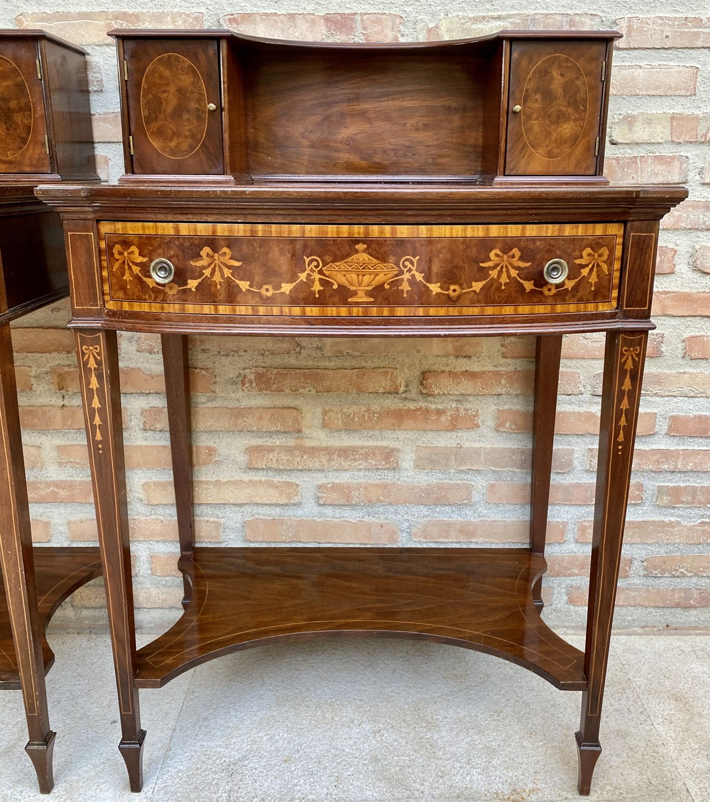 Furniture Pair Of Nightstands Or Secretary Desk With French Marquetry Inlaid, Circa 1920 photo