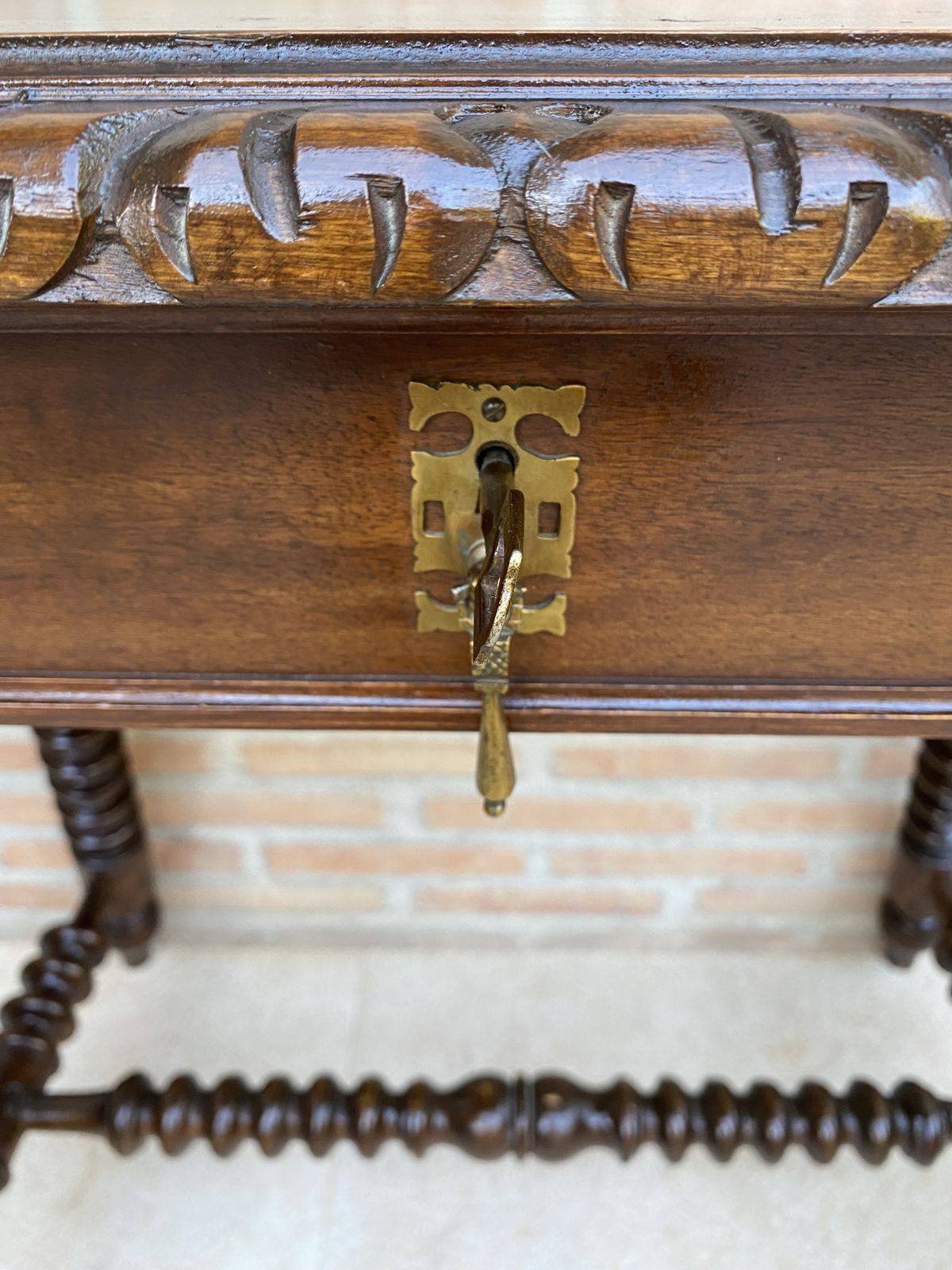 Mid 20th Century French Walnut Carved Side Table With Turned Legs And Stretcher photo buy