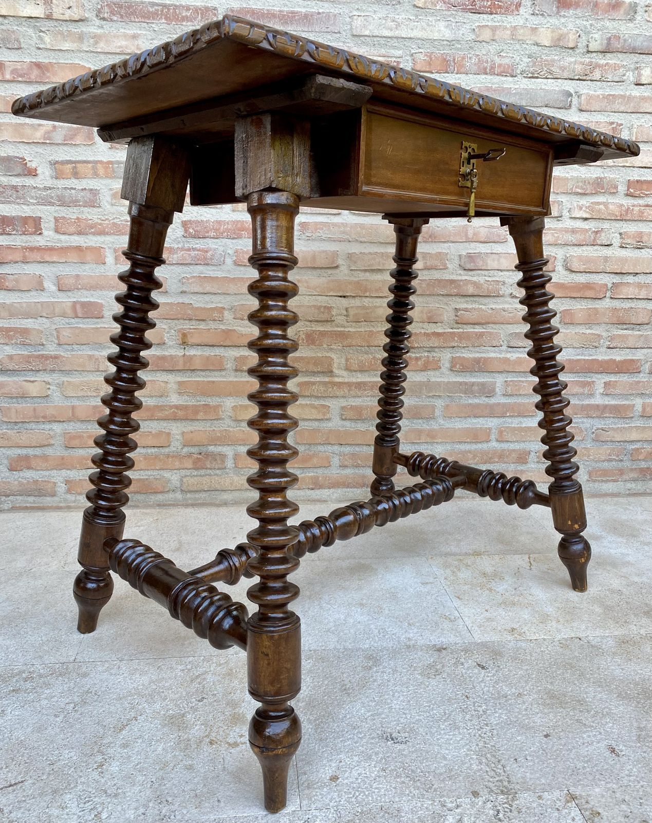1670.2 Mid 20th Century French Walnut Carved Side Table With Turned Legs And Stretcher photo