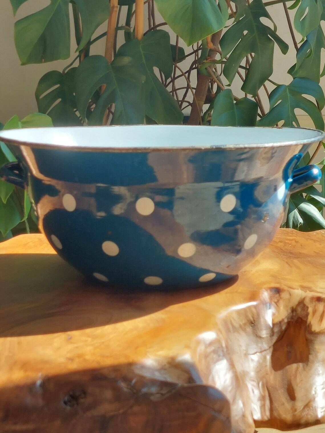 Vintage Xl Polka Dot Enamel Bowl With Handles/Retro Polka Dot Bowl With Heandles/Kitchenalia/Shabby Chic Kitchen Decor /Emo Yugoslavia/ 1970 photo for sale