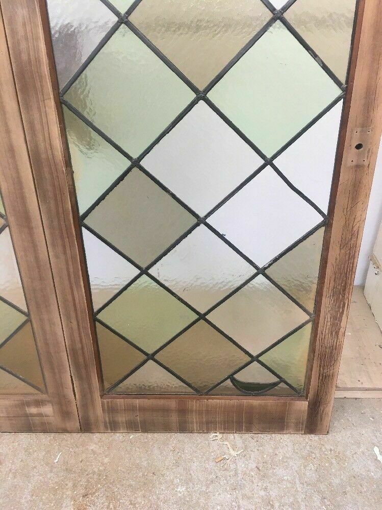 Stained Glass Doors Antique Period Reclaimed French Double Lead Lattice Wood photo vinterior