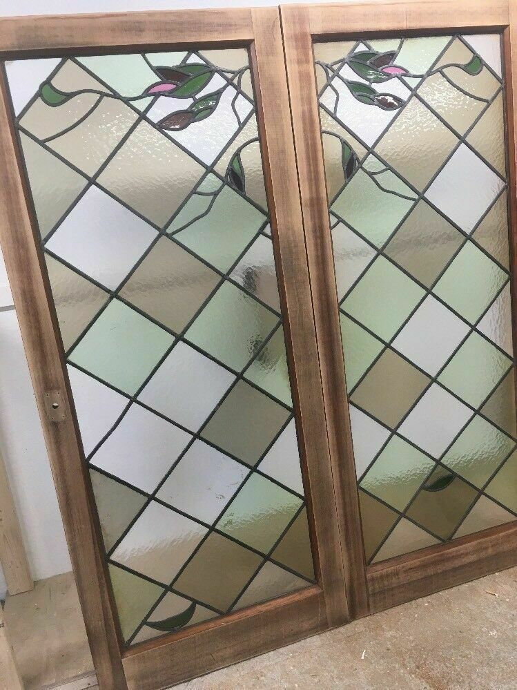 photo for sale Stained Glass Doors Antique Period Reclaimed French Double Lead Lattice Wood