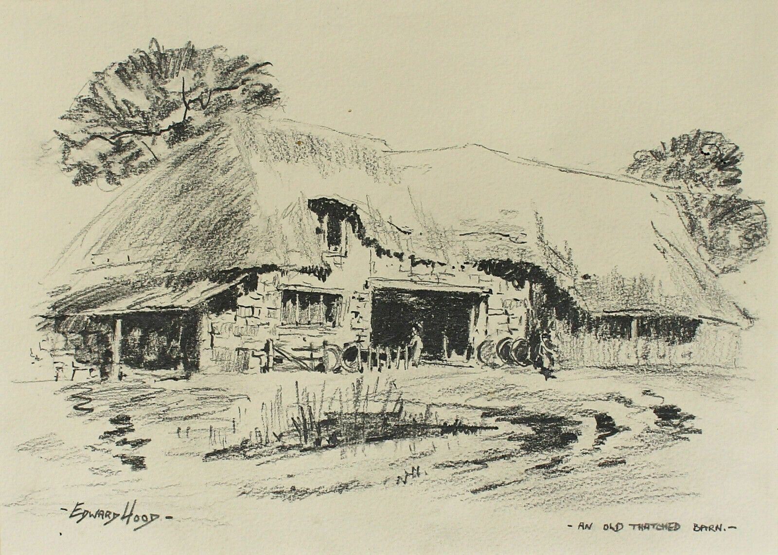 Pencil Sketch By Edward Hood. Titled "An Old Thatched Barn" photo furniture