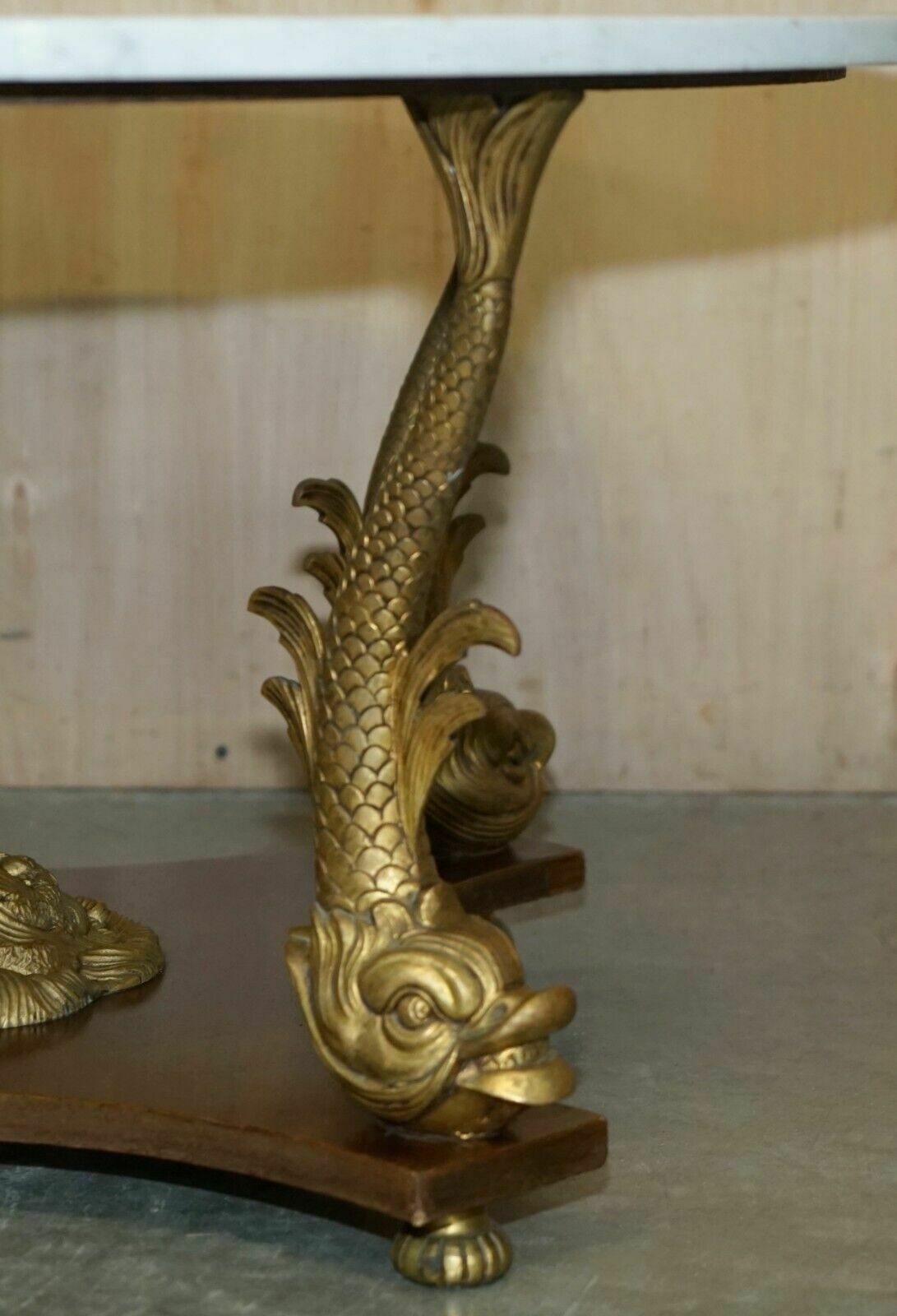 Furniture Very Fine 19th Century Gilt Brass Dolphin Italian Carrara Marble Coffee Table photo
