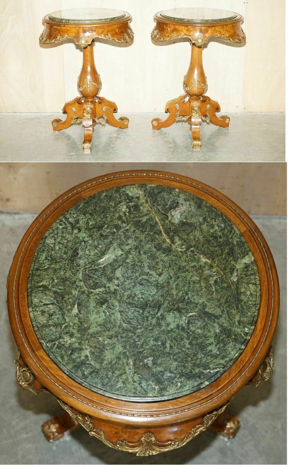 Pair Of Antique French 1880 Burr Walnut, Gilt Brass Green Marble Side End Tables