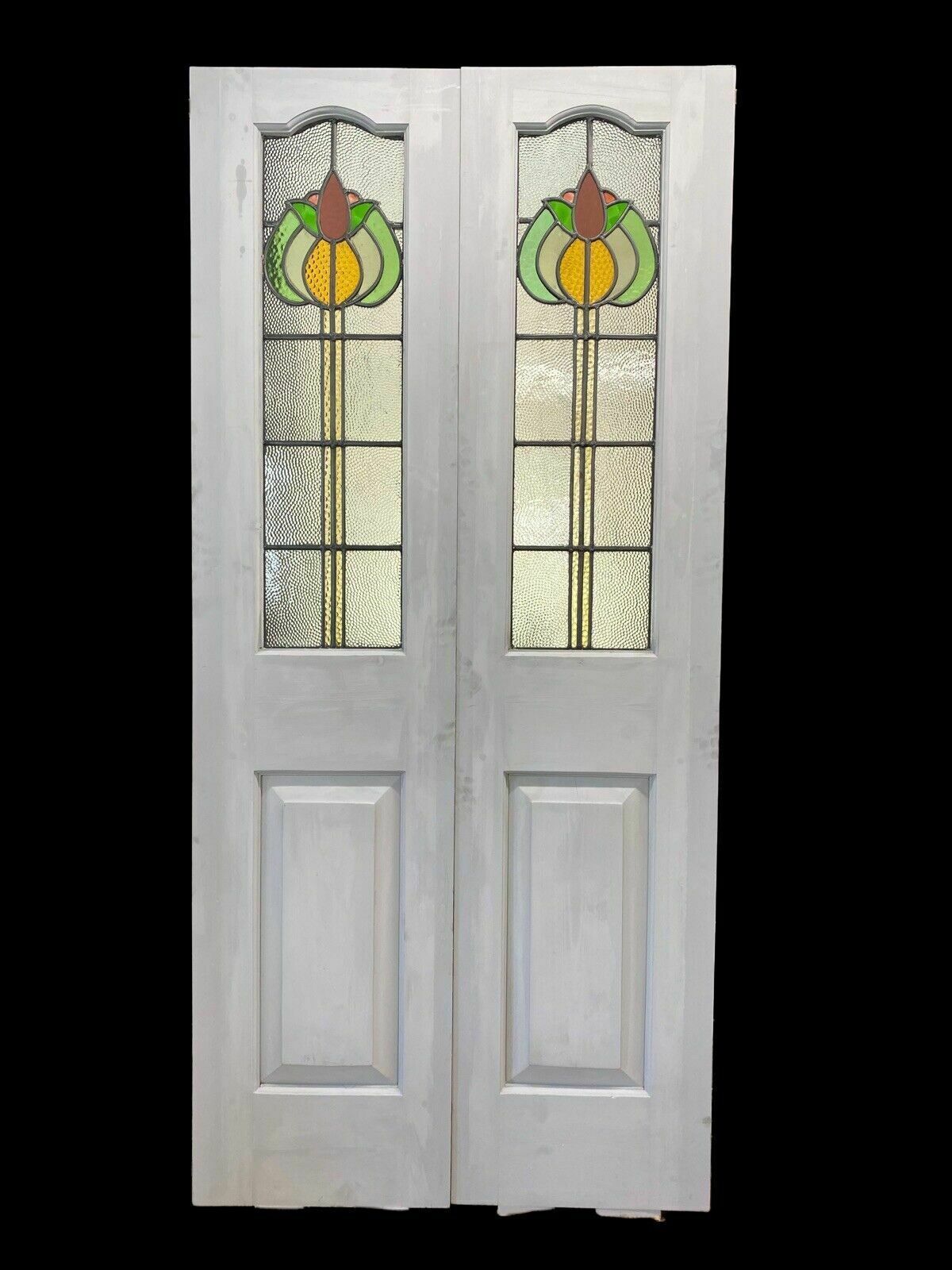 Edwardian Stained Glass Doors Antique Period Reclaimed Old French Double Leaded