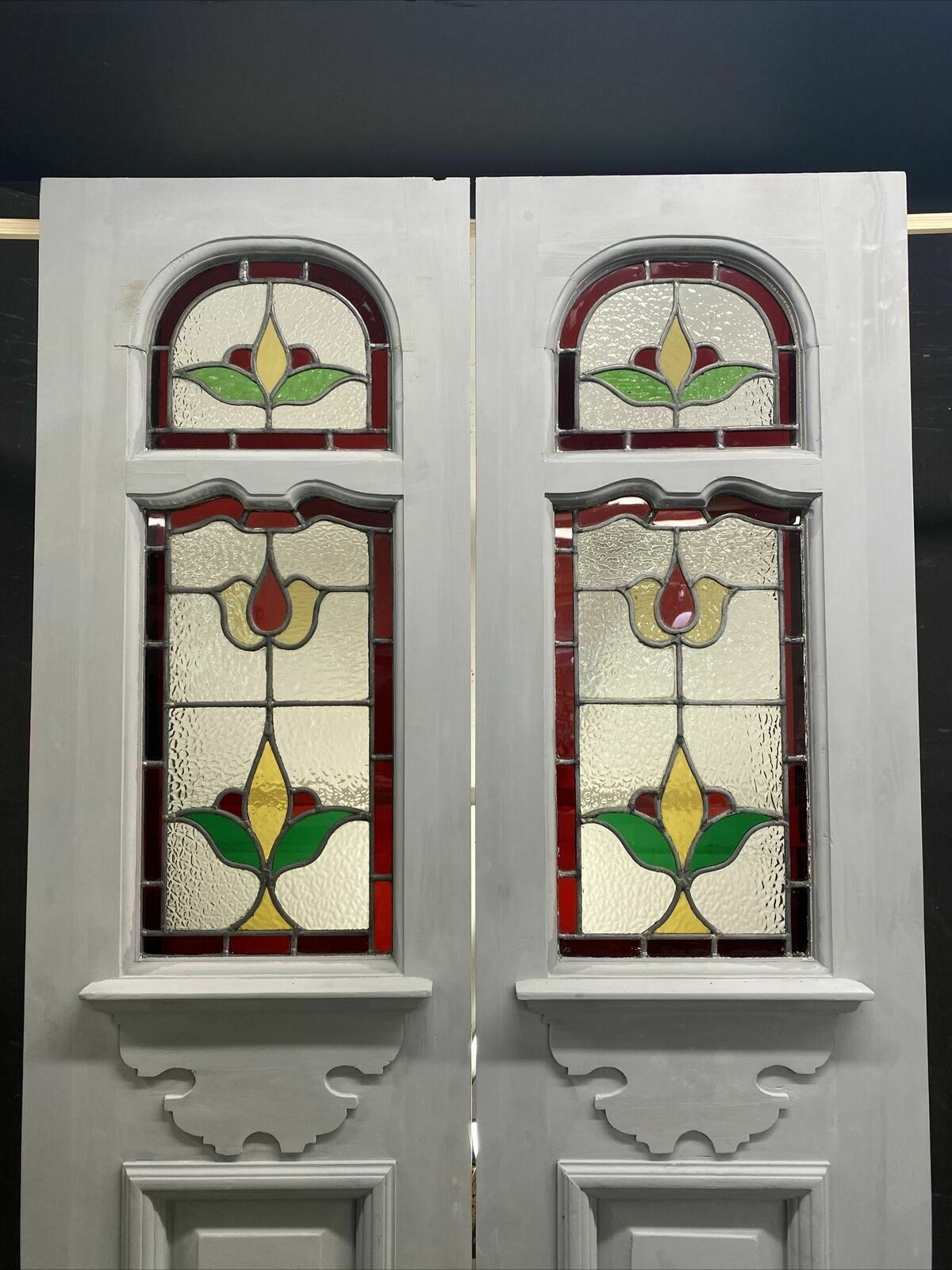 Edwardian Stained Glass Doors Antique Period Reclaimed Old French Double Leaded photo furniture