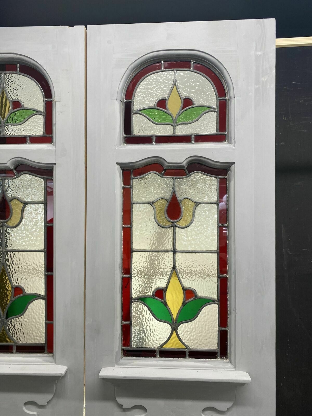Edwardian Stained Glass Doors Antique Period Reclaimed Old French Double Leaded photo vinterior