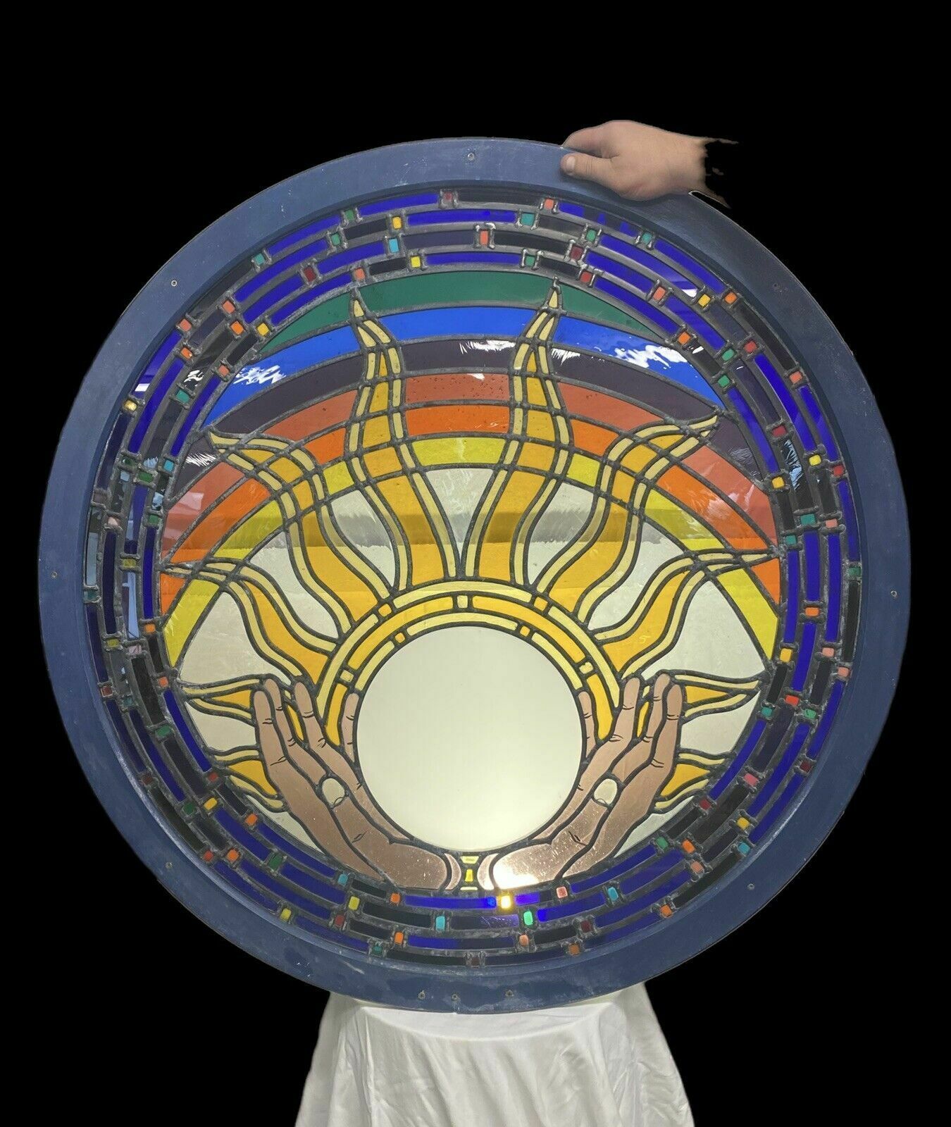 Large Stained Glass Window Panel Lead Wood Unique Old Spiritual Healing Feature