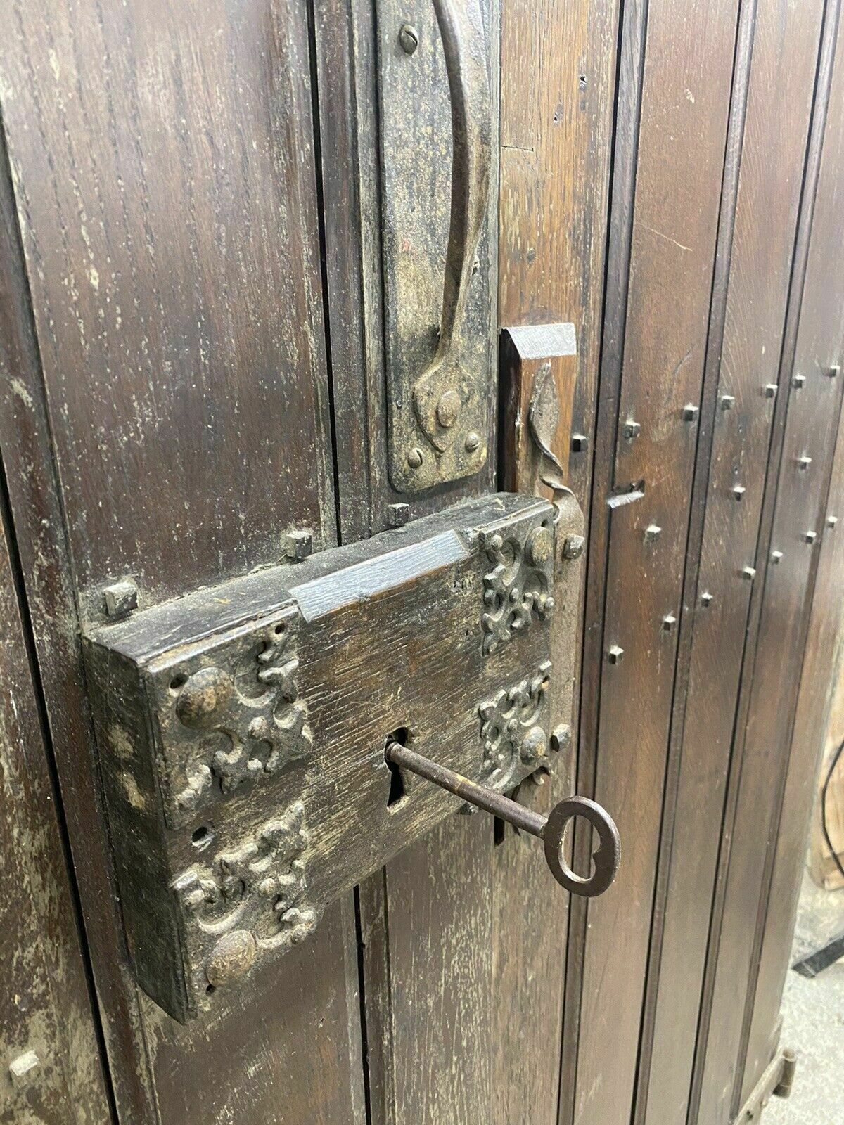 Home Fixtures 2 Solid Oak Front Door Set Frame Reclaimed Hardwood Key Gothic Antique Wood Iron photo