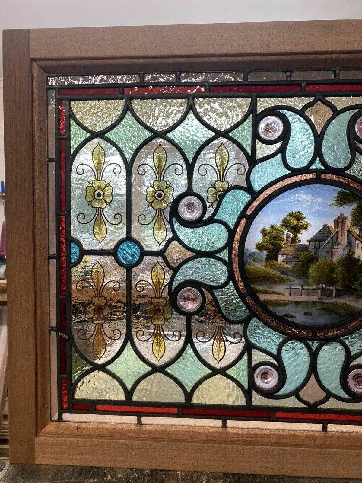 Exquisite Victorian Stained Glass Hand Painted Window Panel Old Restored Antique photo furniture