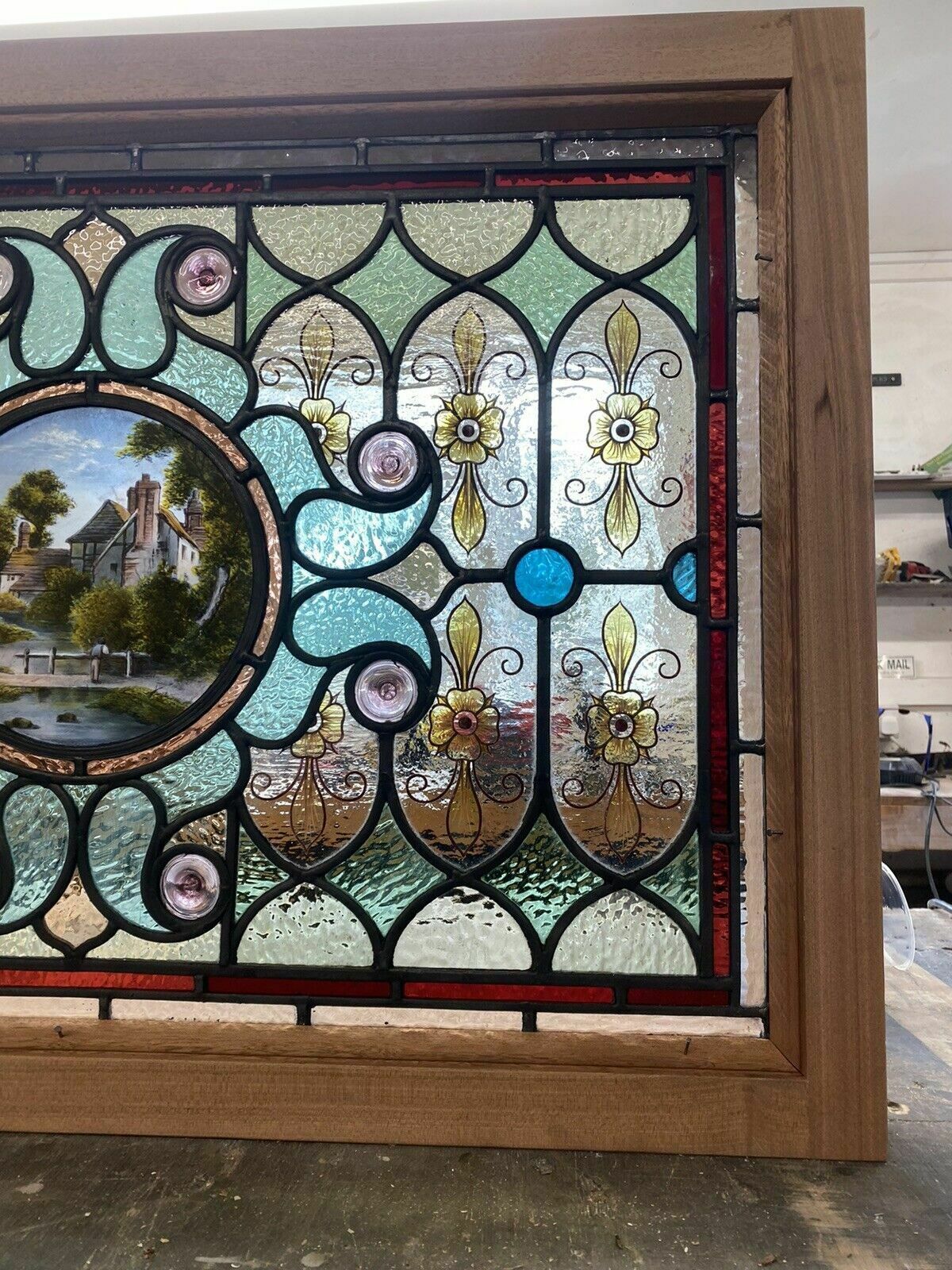 Exquisite Victorian Stained Glass Hand Painted Window Panel Old Restored Antique photo for sale