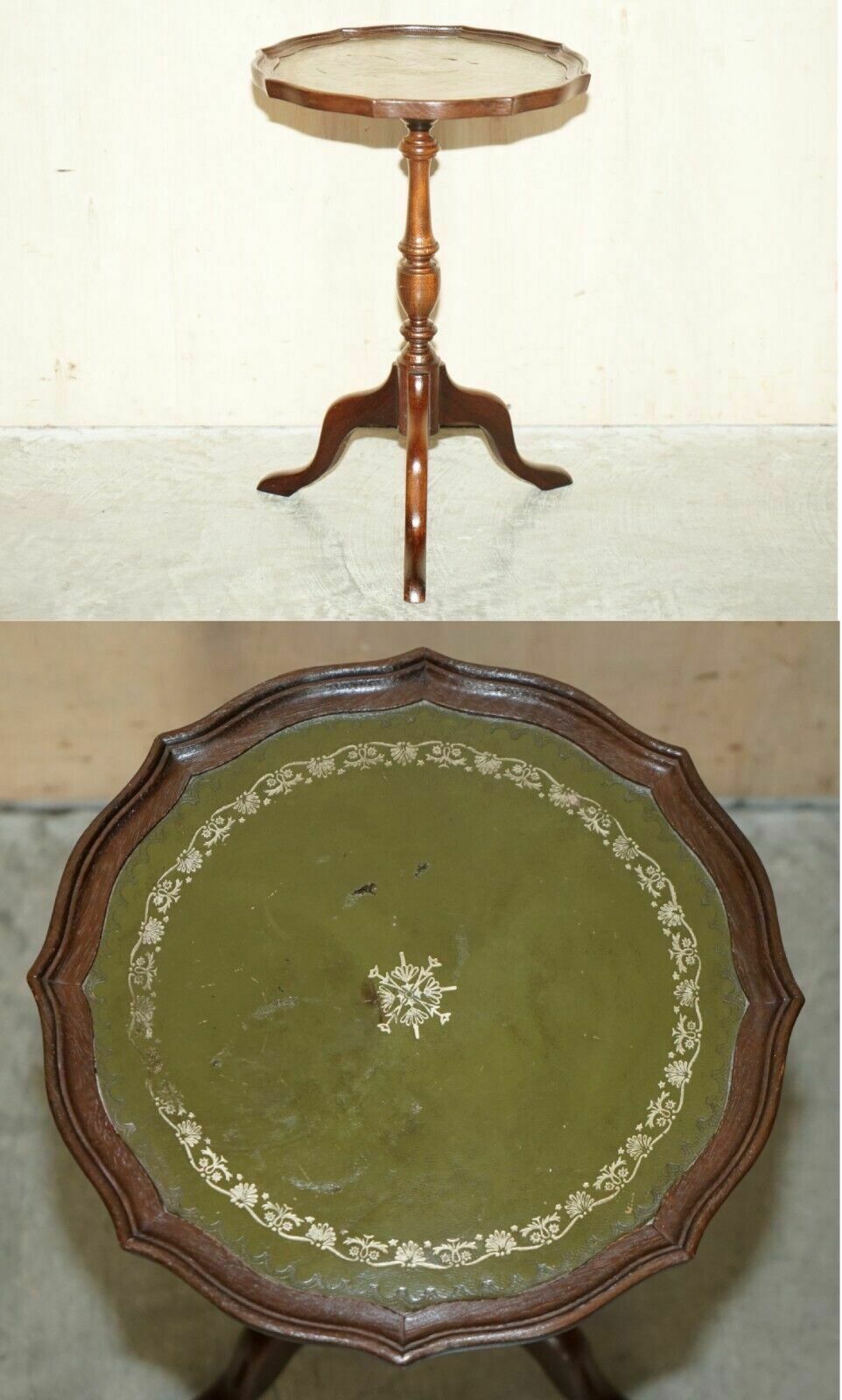 Luxury Green Leather With Gold Leaf Inlay Mahogany Tripod Lamp Side End Table