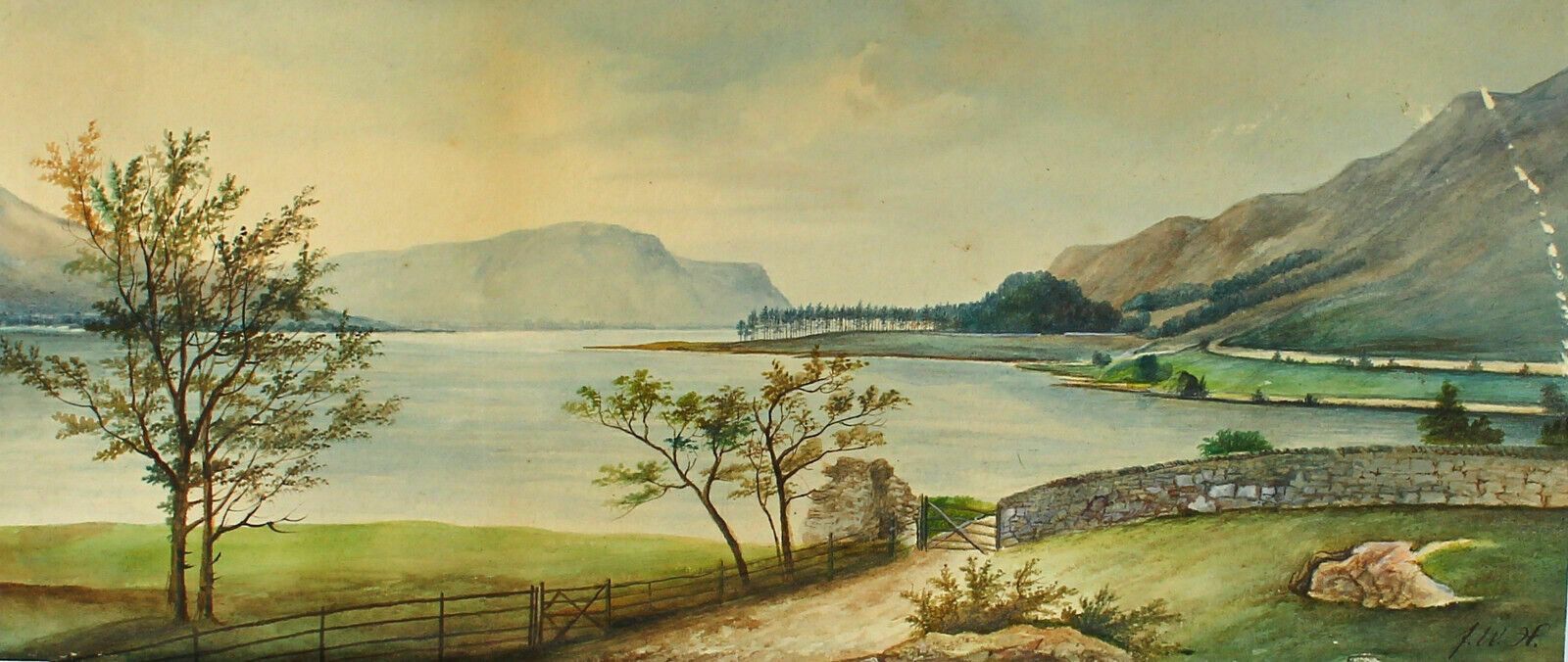 Watercolour By Frederick William Hulme Loch Side Scene With Farm Gate