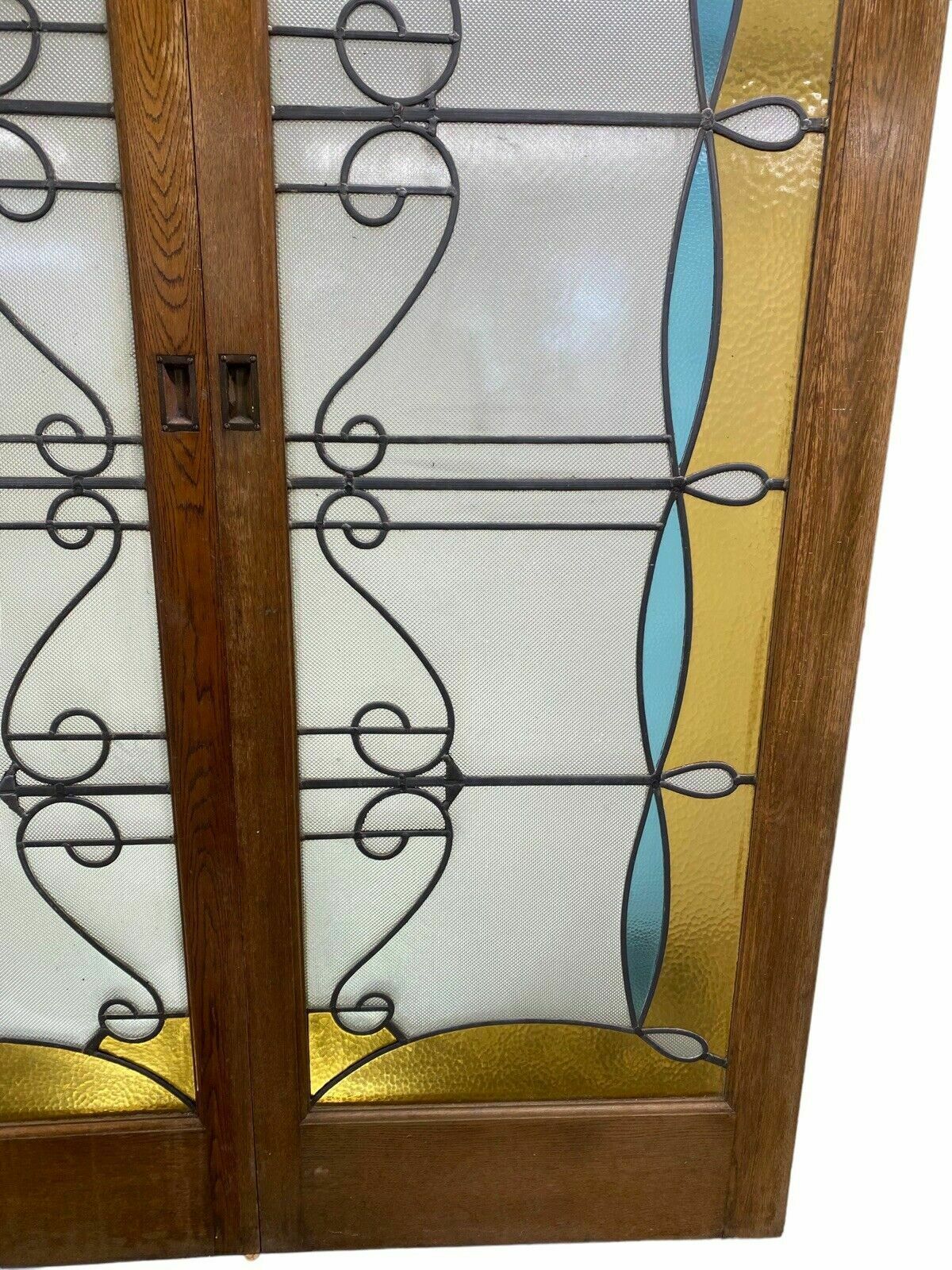 Solid Oak Sliding Art Deco Stained Glass Doors Antique Period Reclaim Old Lead photo for sale