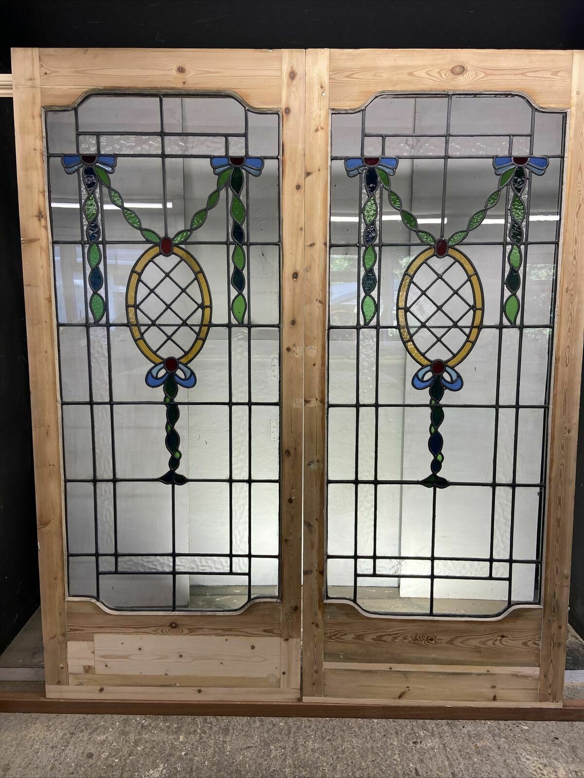 Victorian Edwardian Stained Glass French Doors Antique Period Reclaimed Old Wood photo vintage