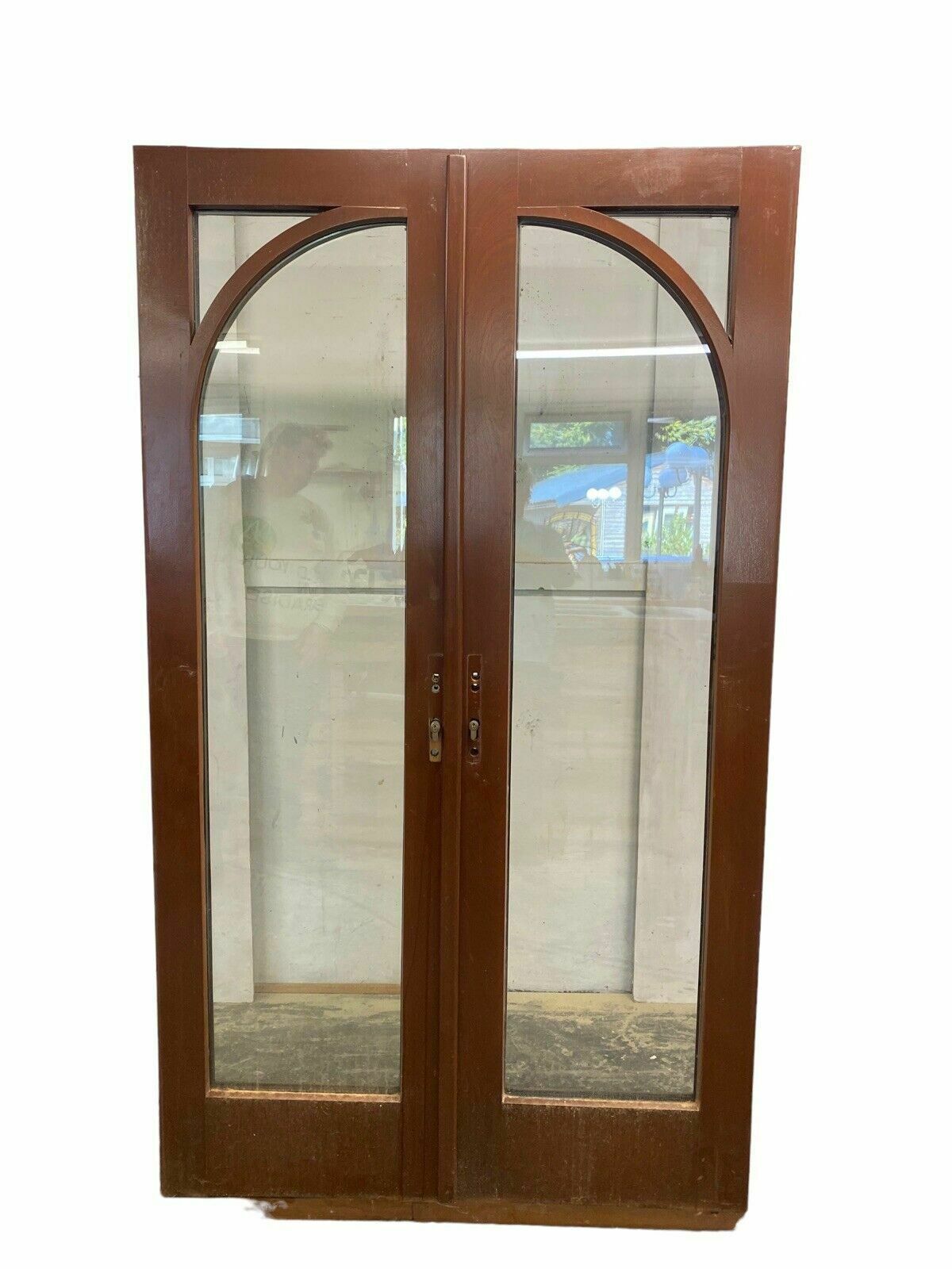 Solid French Mahogany Double Glazed Door Set Period Reclaimed Arched Key Handles