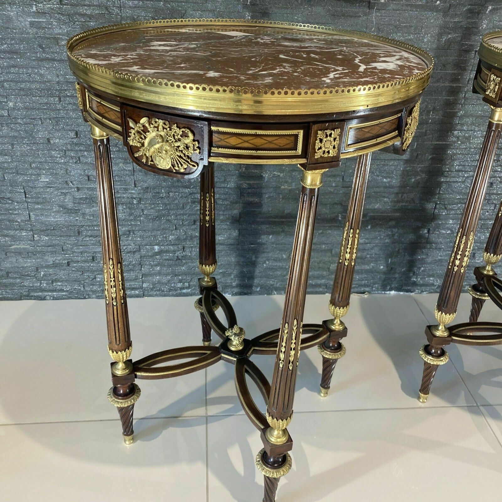 2 French Louis XV Style Ormolu Mounted And Marquetry Gueridon Side Table Marble photo furniture