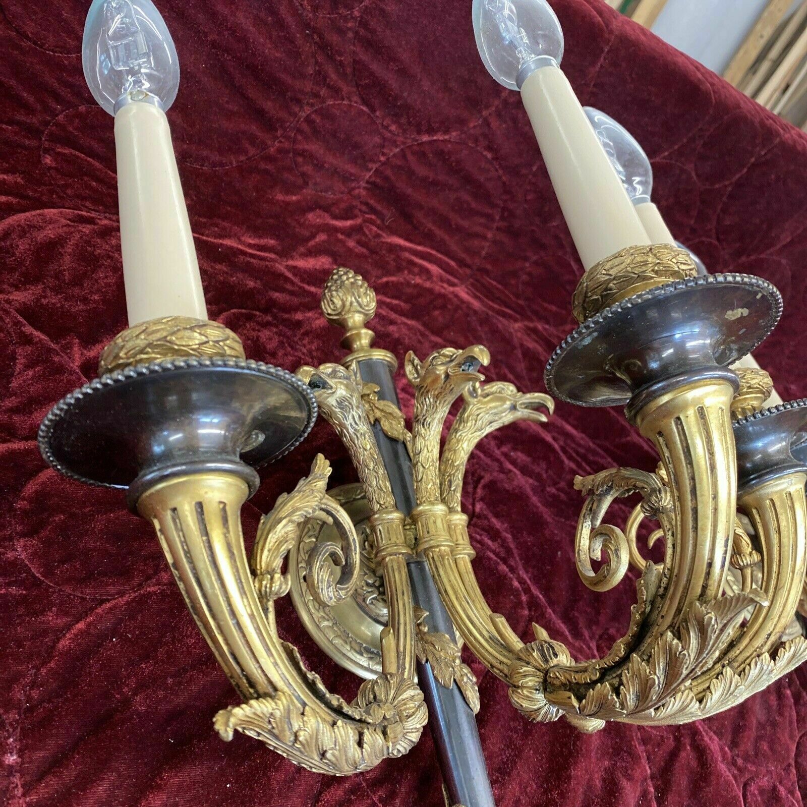 Set 2 Pair Antique Gilt Bronze Wall Sconces Lights Louis XV 19th Century Brass photo 6785.0
