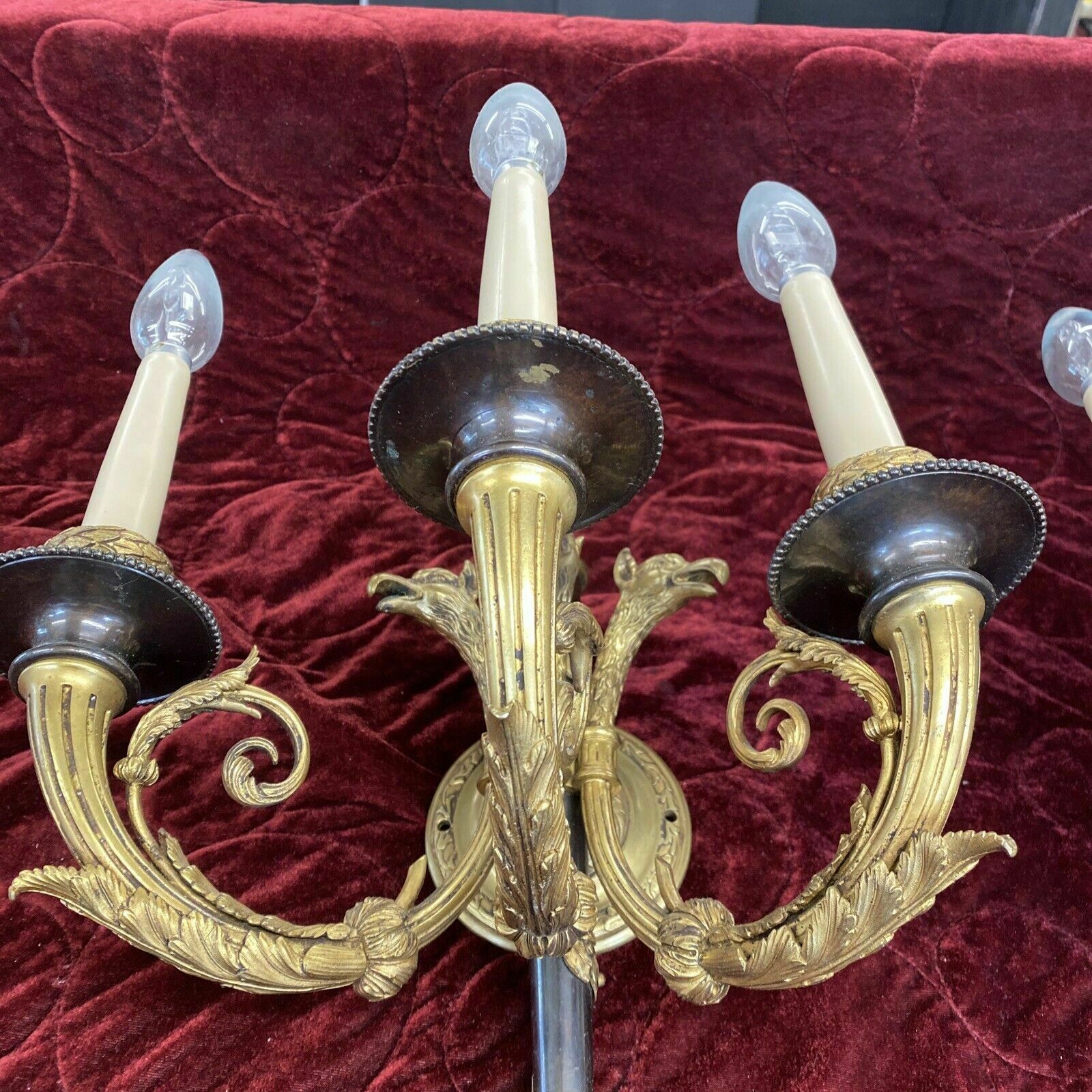 Set 2 Pair Antique Gilt Bronze Wall Sconces Lights Louis XV 19th Century Brass photo vinterior