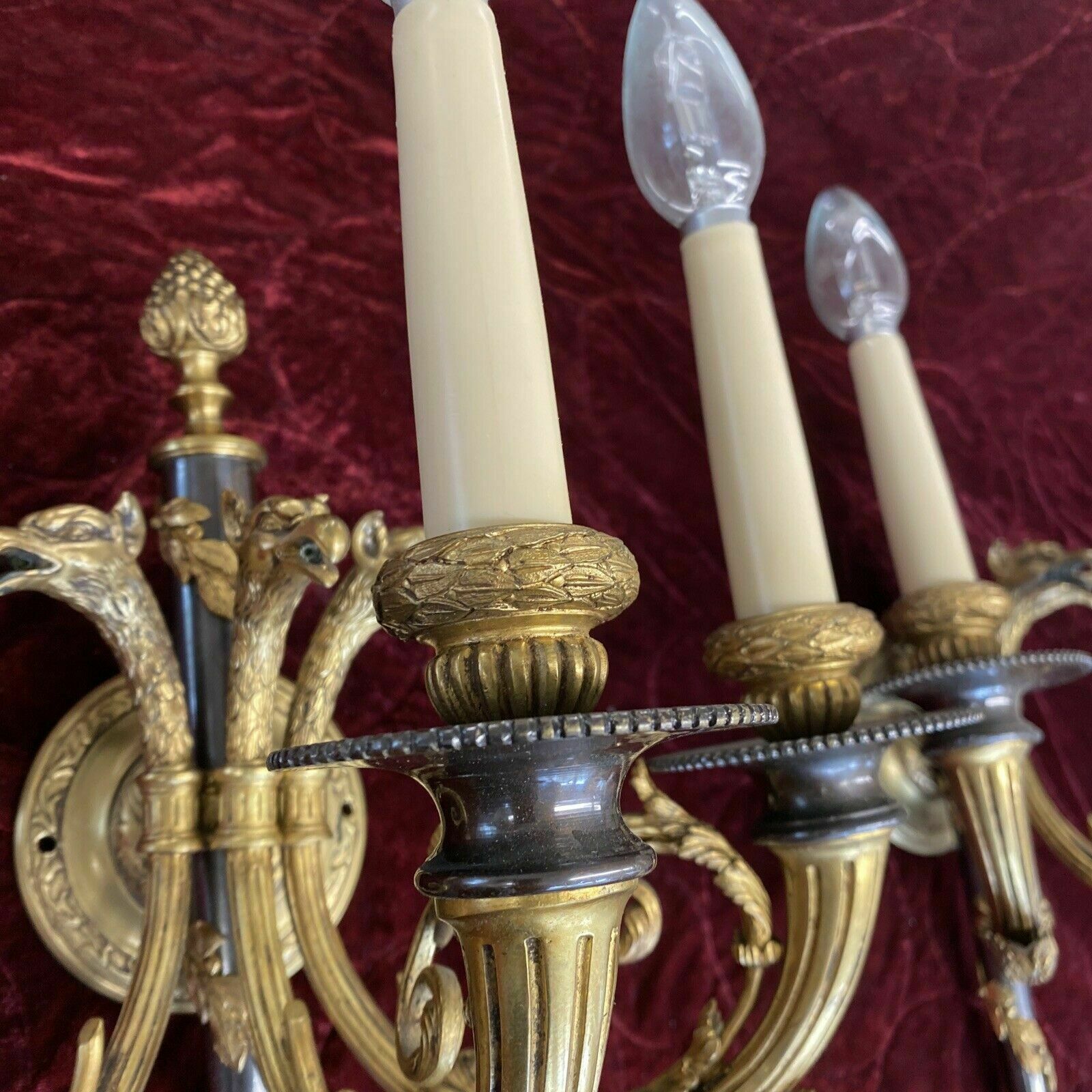 Set 2 Pair Antique Gilt Bronze Wall Sconces Lights Louis XV 19th Century Brass photo vintage
